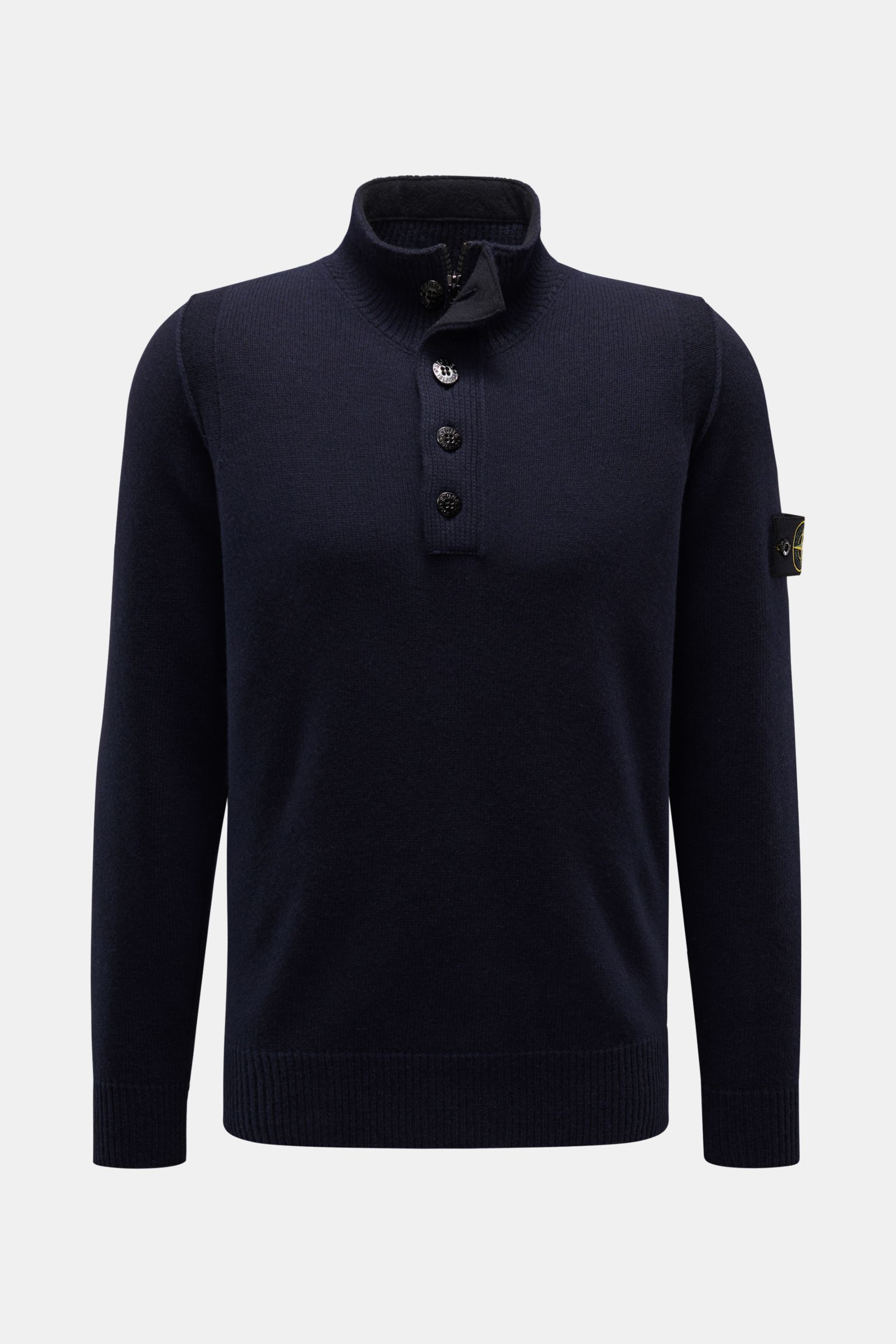 Stone Island Troyer 'Lambswool' navy, frontal fotografiert, wärmender Wollmix, Slim Fit, Zipper und Knöpfe am Kragen, Kompass-Badge am Ärmel.
