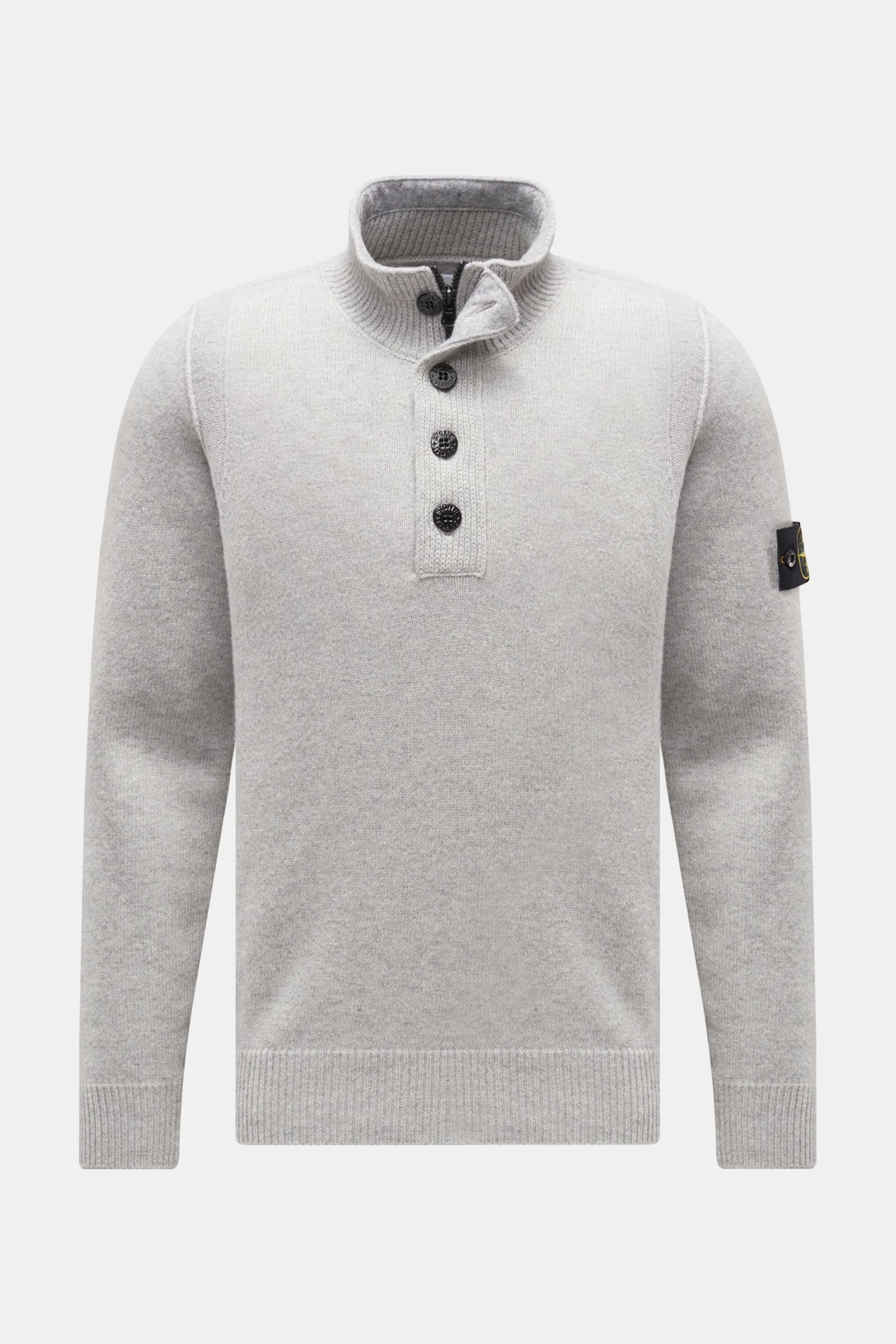 Front view of Stone Island Half-zip jumper 'Lambswool' light grey, a slim fit wool blend knitwear with half-zip collar, zip and embossed buttons, ribbed bands, and signature compass badge on the upper sleeve. A stylish essential for colder months with sof