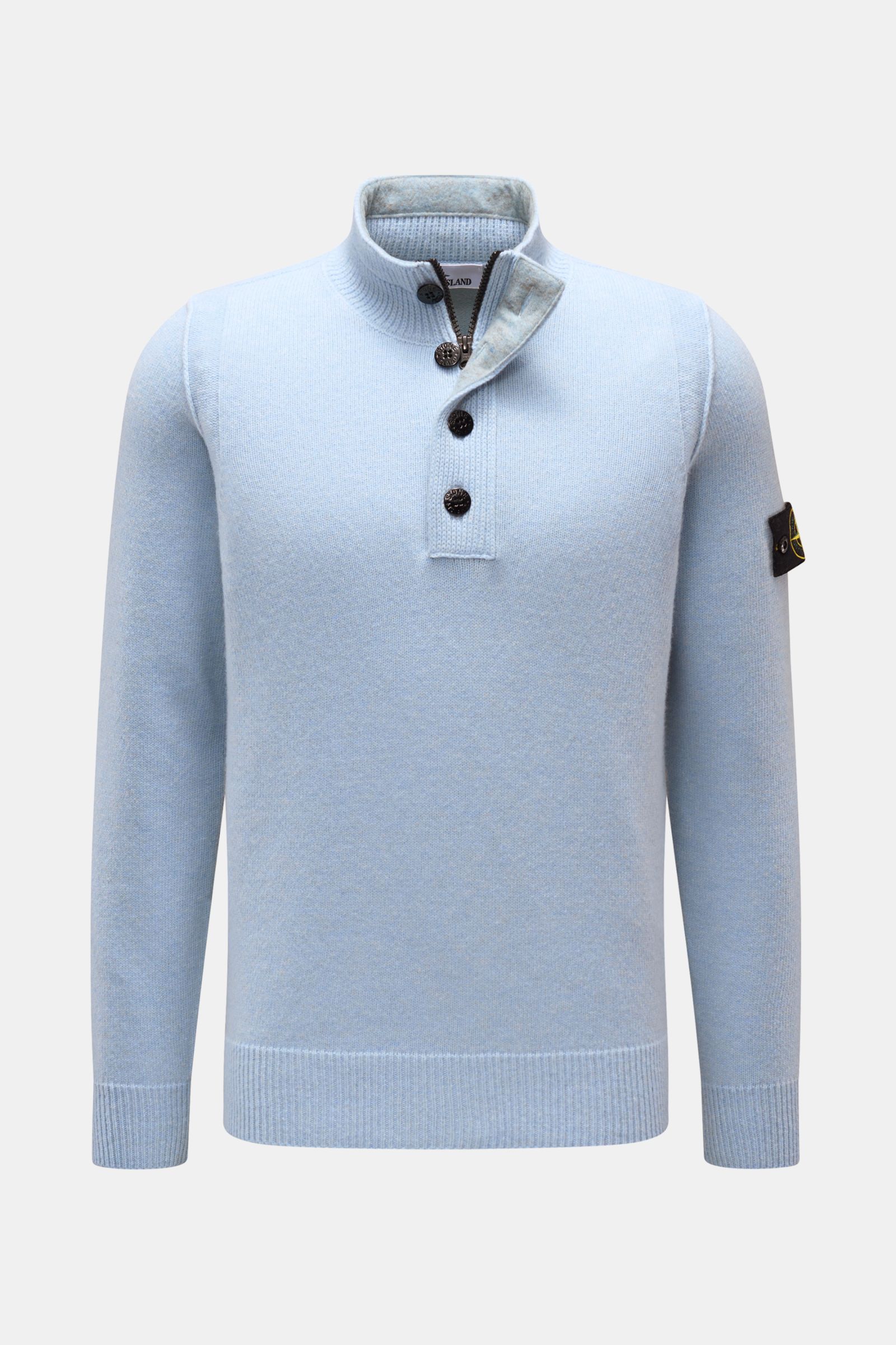 Stone Island Half-zip jumper 'Lambswool' light blue shown front view, made of warm wool blend, slim fit, half-zip collar with zip and embossed buttons, signature compass badge on upper sleeve, elasticated ribbed bands, soft medium-fine knit with contrasti