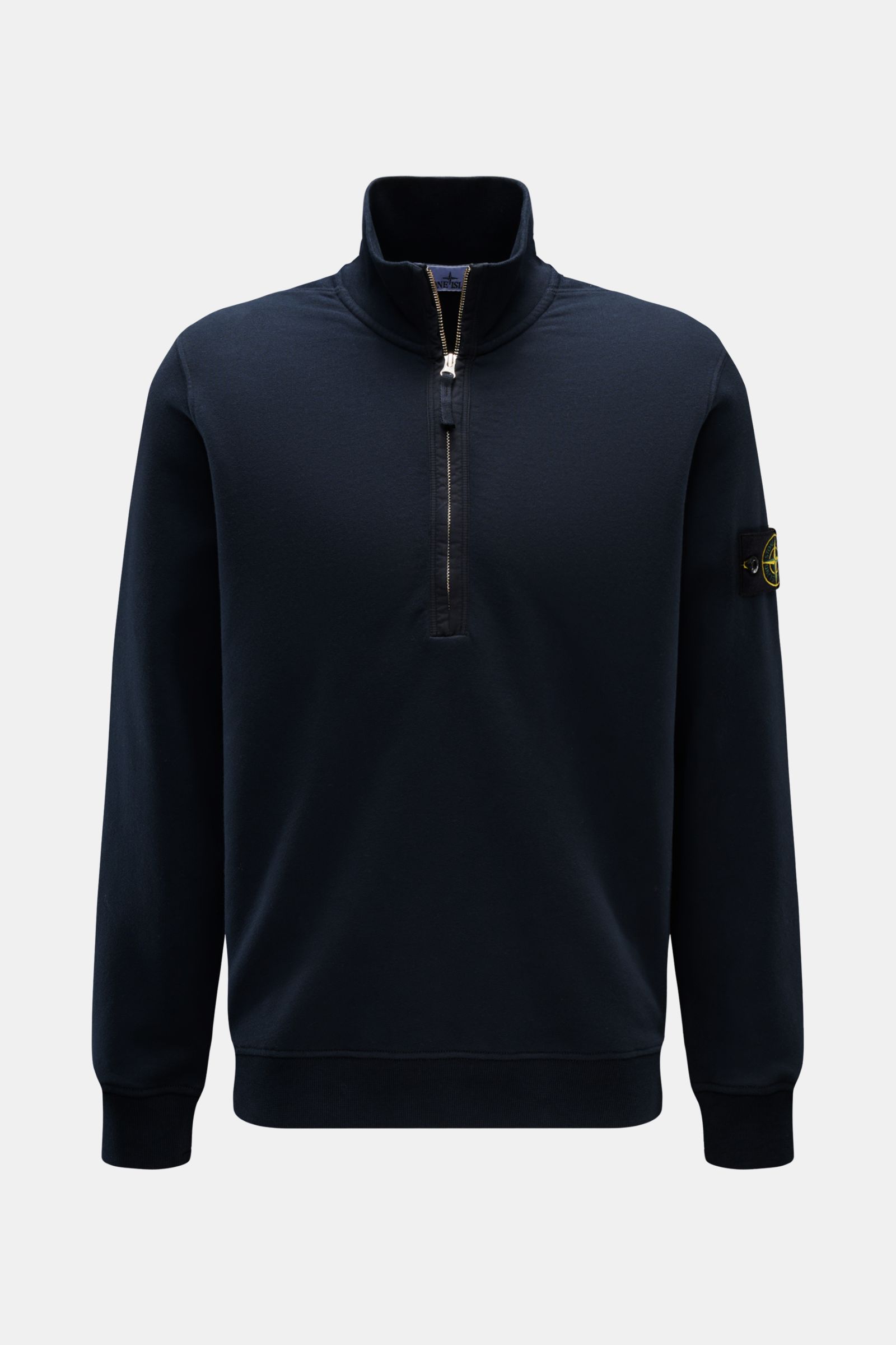 Front view of Stone Island Sweat half-zip jumper navy, made of soft pure cotton sweat fabric with a high fastening half-zip rib knit collar, elasticated ribbed bands, and signature compass badge on the upper sleeve. Create sporty looks in colder months wi