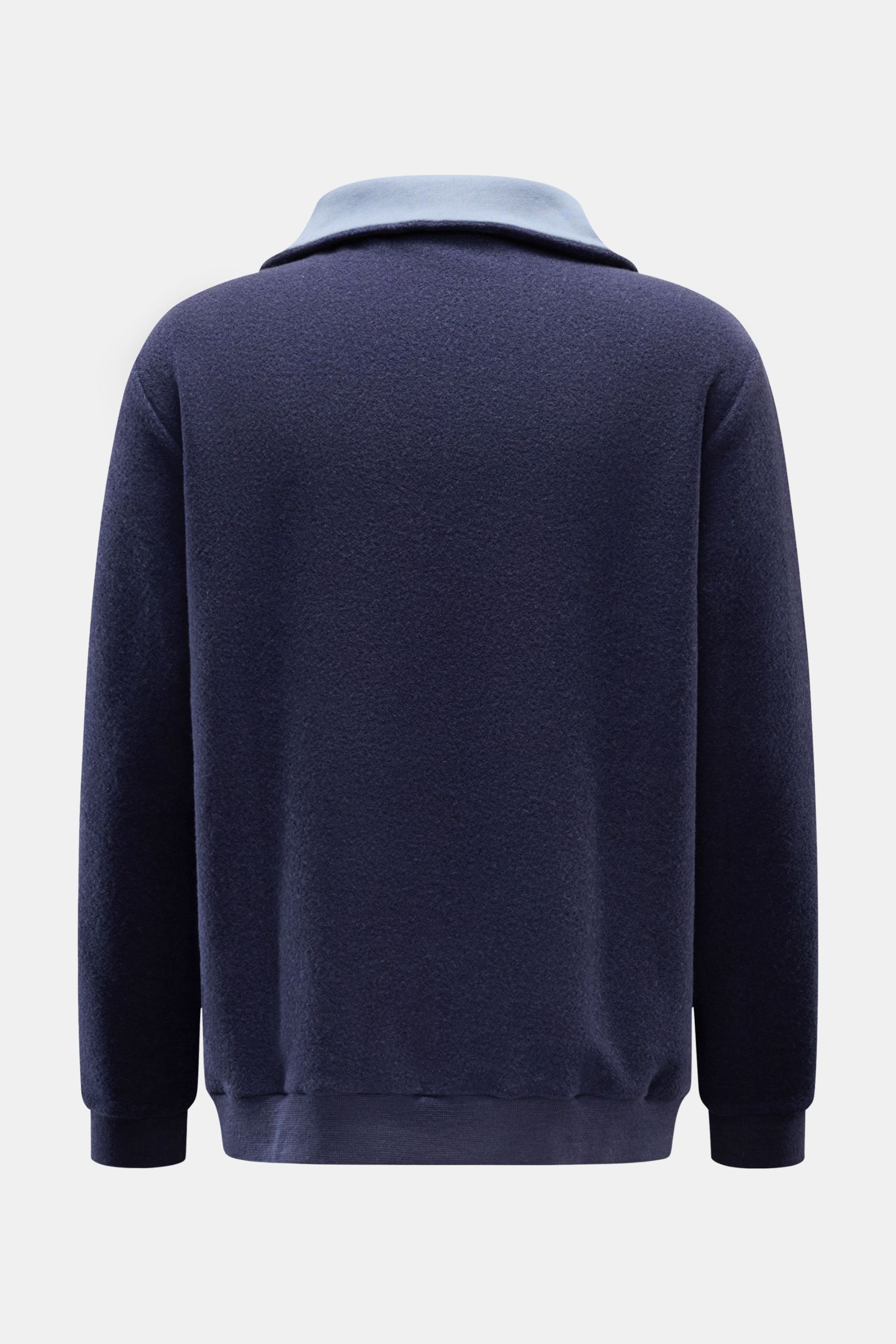 04651/ A trip in a bag Troyer 'Cw Quarter Zip' dunkelblau von hinten, samtige Fleece-Textur, Woll-Baumwollmix, Troyer-Kragen mit Reißverschluss, Rippbündchen, Regular Fit.