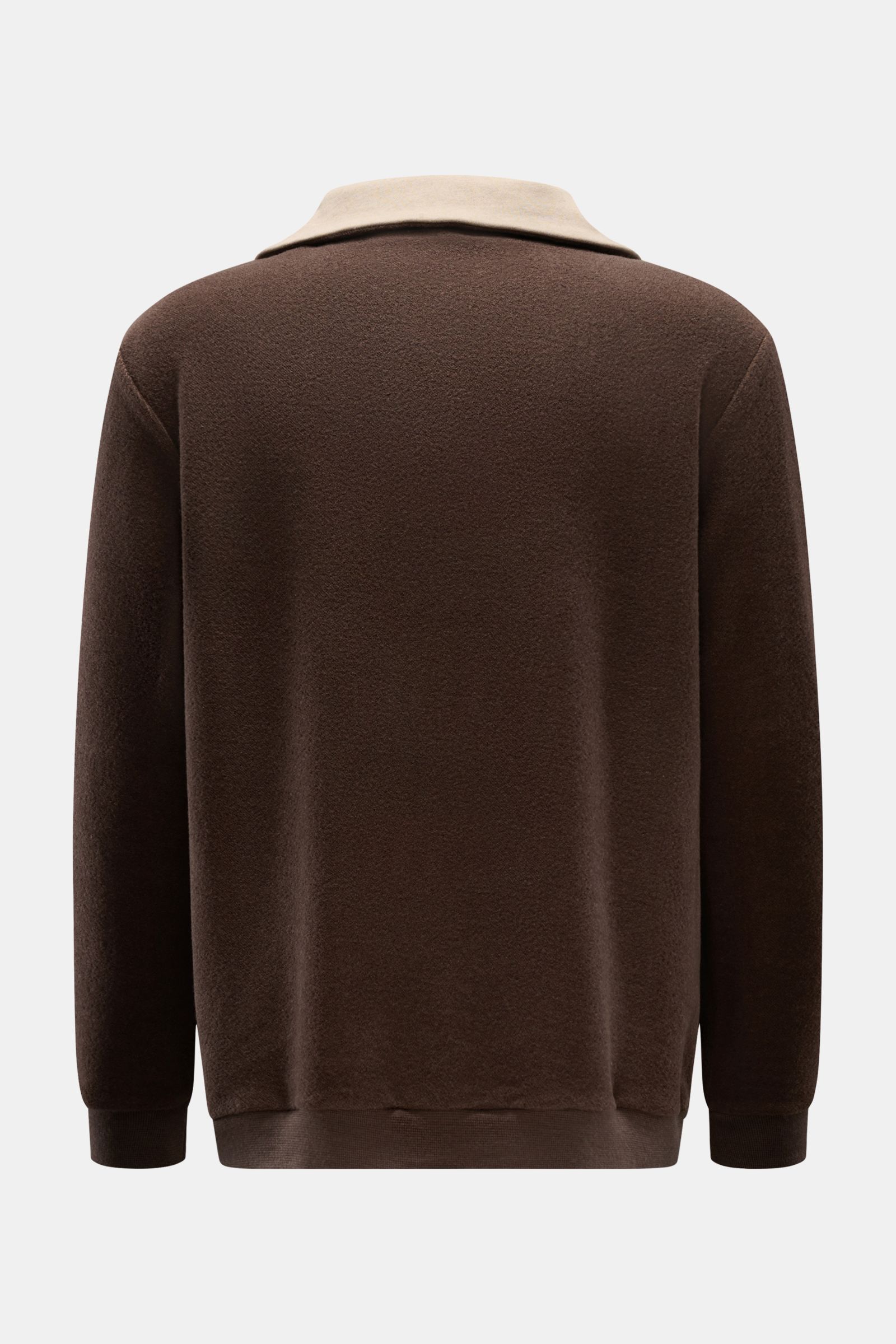 04651/ A trip in a bag Troyer 'Cw Quarter Zip' dunkelbraun von hinten, samtige Fleece-Textur, Woll-Baumwollmix, Regular Fit, Troyer-Kragen mit Reißverschluss.