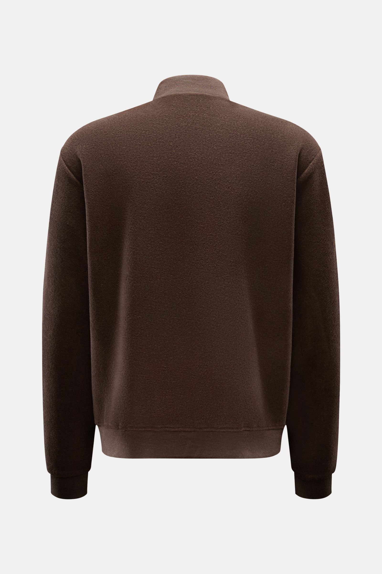04651/ A trip in a bag Blouson dunkelbraun Rückansicht, samtige Fleece-Textur, Woll-Baumwollmix, Slim Fit, Rippbündchen, Blousonkragen.