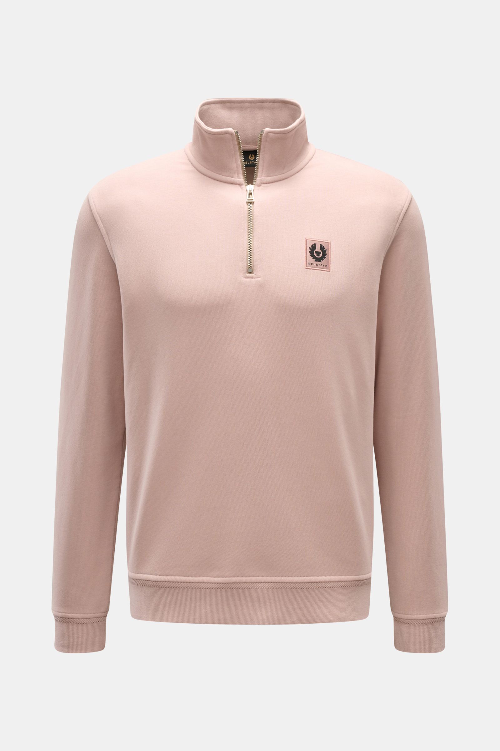 Front view of Belstaff Sweat half-zip jumper 'Quarter Zip' antique pink with slim fit, half-zip collar, soft pure cotton, and chest woven label.