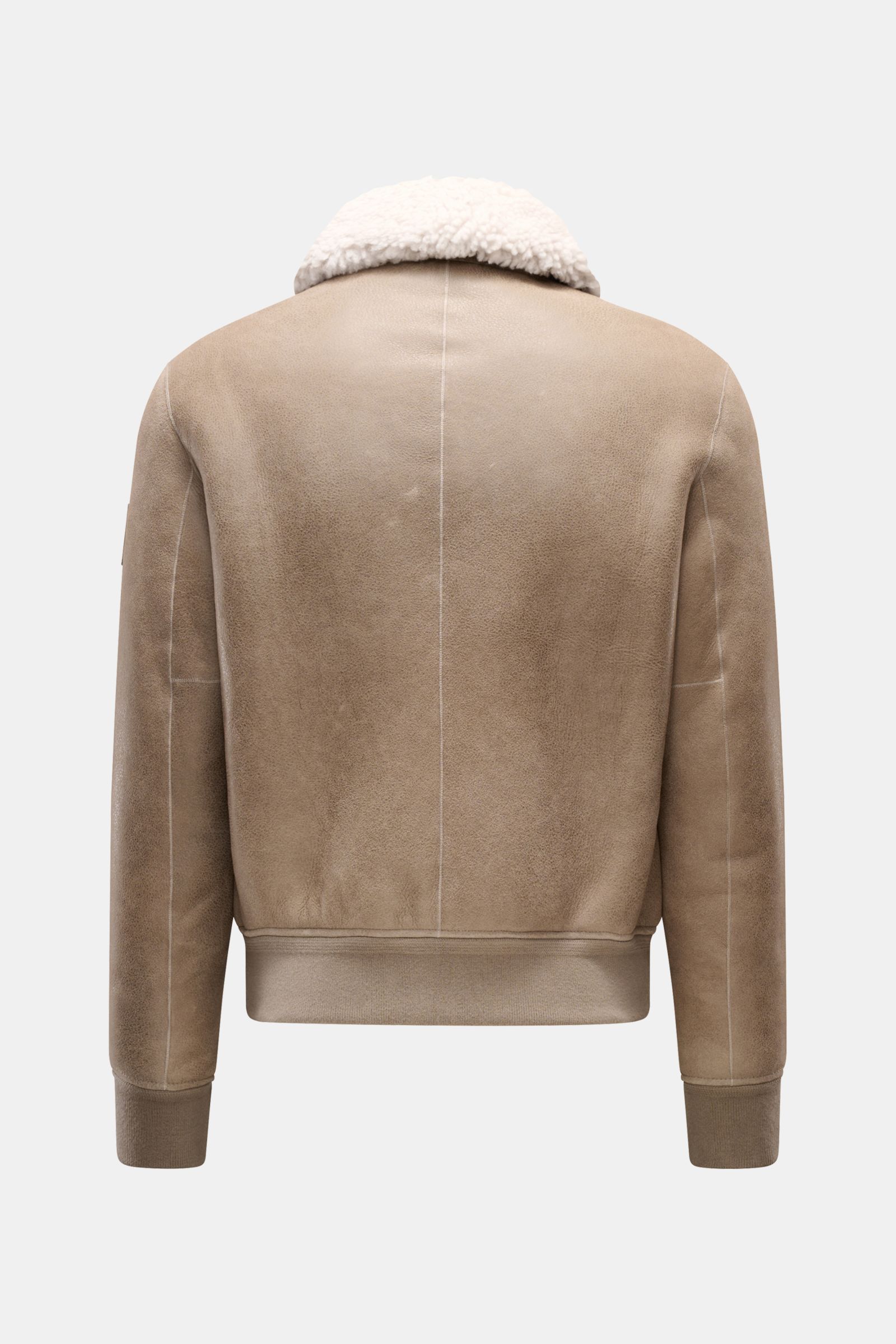 Back view of the Belstaff Lammfell-Blouson 'Trace' khaki, crafted from premium English lamb leather with a rustic, half-oiled finish, featuring a convertible lambswool collar, rib-knit cuffs, leather details, slim fit, robust zipper, high collar, tonal lo