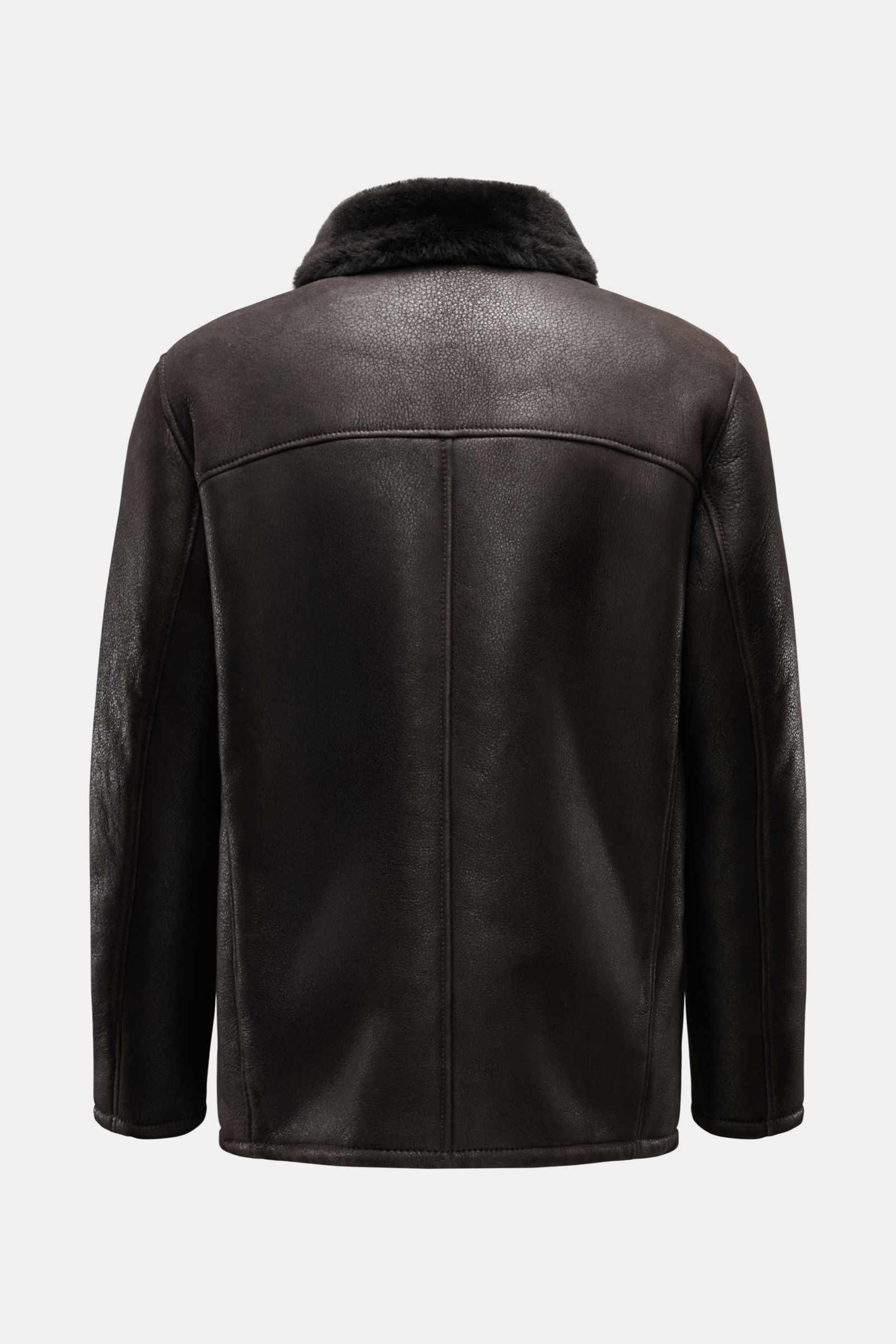 Rückansicht der Windsor Lammfelljacke 'Aro' dunkelbraun aus edlem Lammfell mit Fellbesatz am Kragen, Slim Fit und materialtypischer Struktur.
