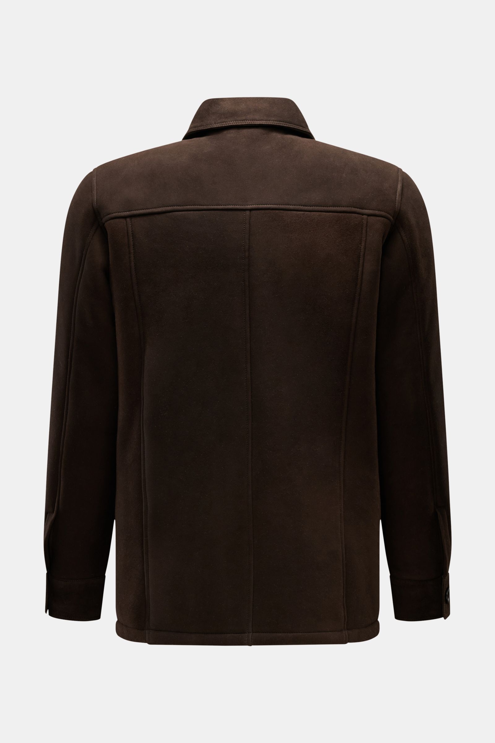 Rückansicht der Rifugio Lammfelljacke dunkelbraun aus geschmeidigem Veloursleder, Slim Fit, mit Umlegekragen, Manschetten und sechs Knöpfen.
