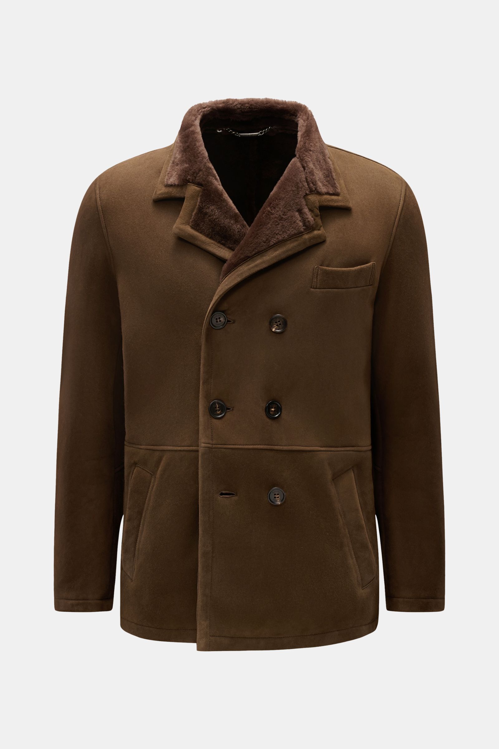 Rifugio Lammfelljacke braun, frontale Ansicht, Slim Fit, feinstes Lammveloursleder, Reverskragen, Innenseite und Taschen mit Lammfell, zweireihige Knopf-Leiste.