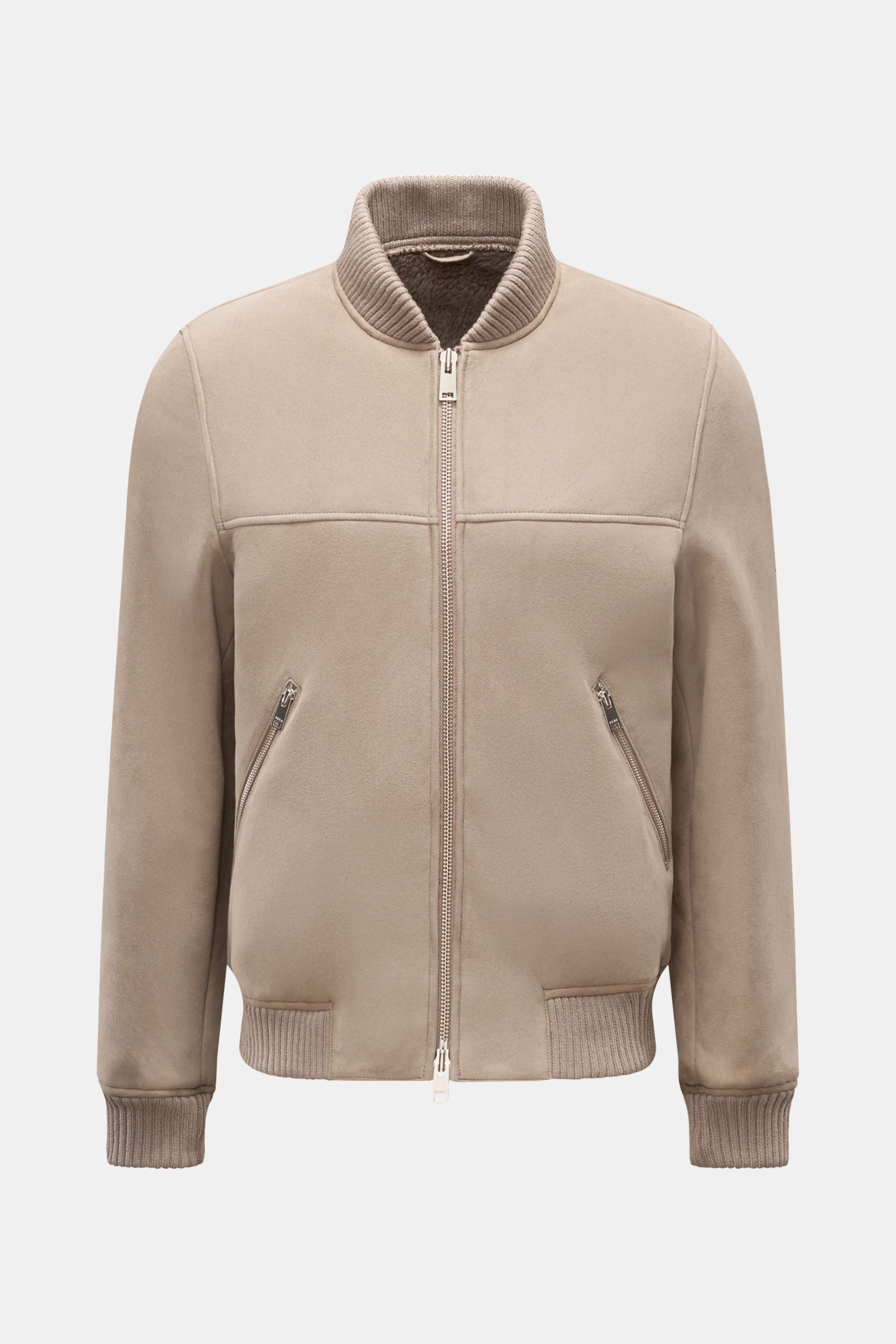Arma Lammfellblouson 'Gillo' taupe, frontale Ansicht, Slim Fit, edles Lammveloursleder außen, weiches Lammfell innen, Blousonkragen, Zipper-Taschen, Rippbündchen.