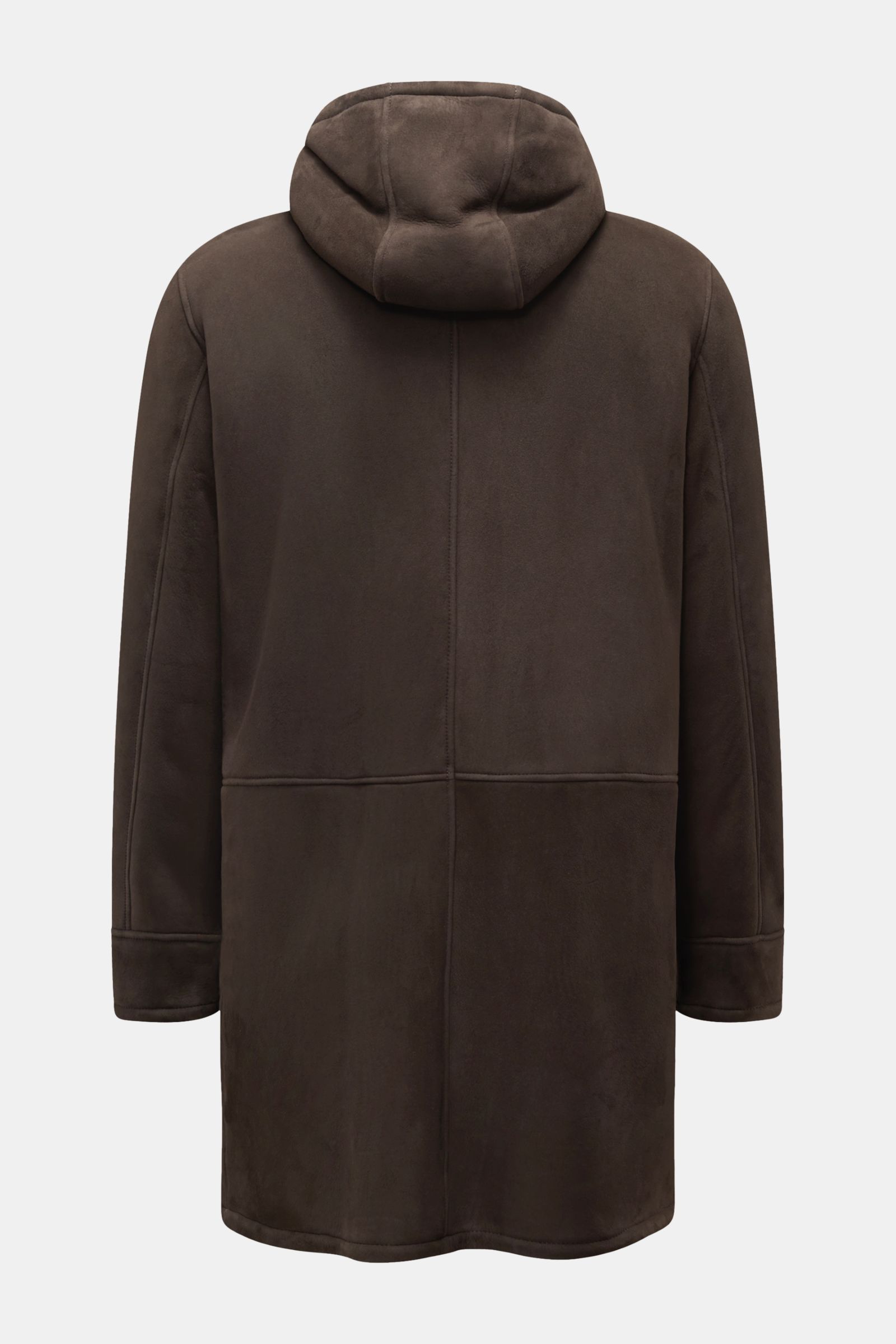 Arma Lammfellmantel 'Mias' dunkelbraun, Rückansicht, samtiges Lammvelours außen, Kapuze, wärmendes Lammfell innen, Regular Fit, schwere Qualität.