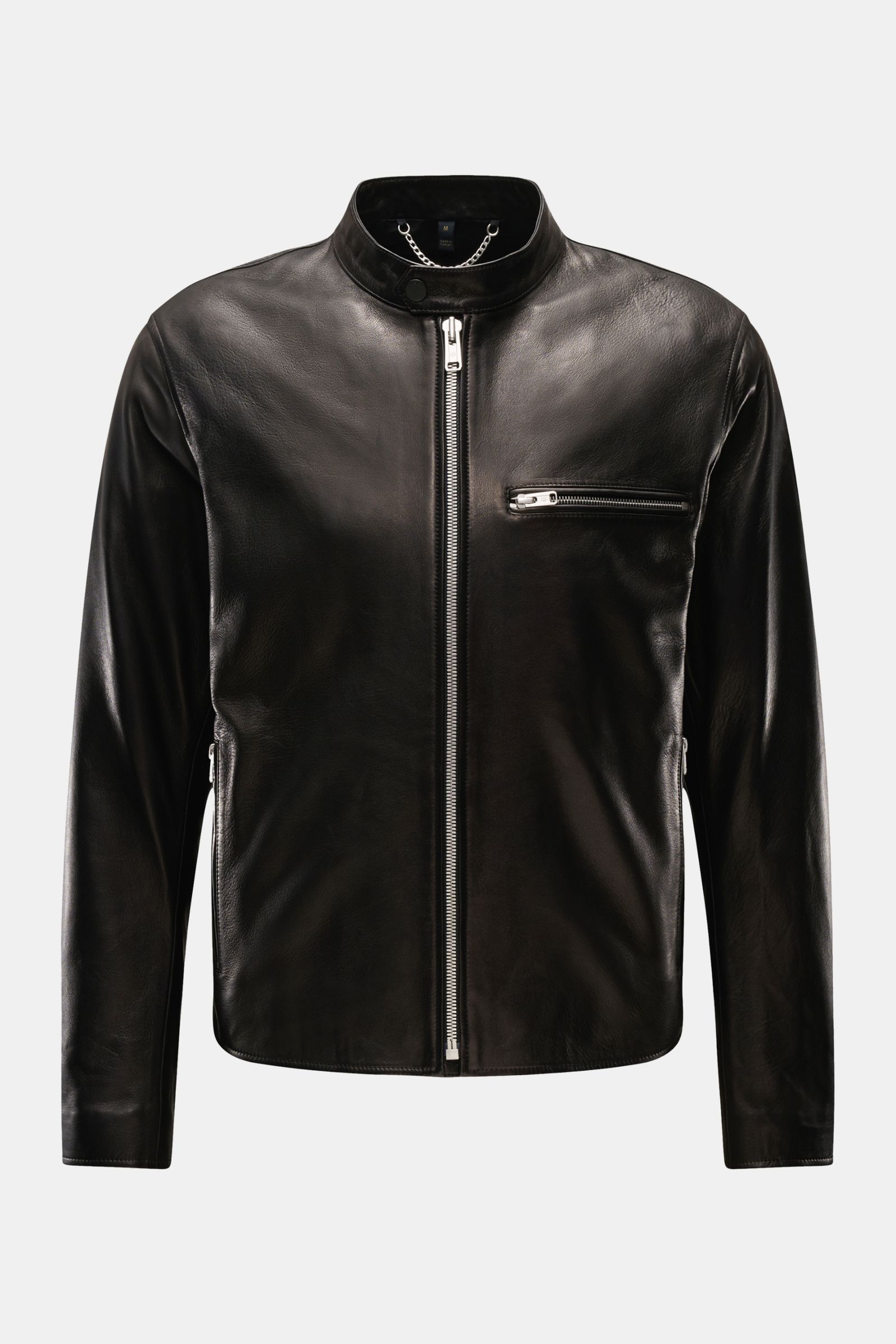 Belstaff Lederjacke 'Track Racer' schwarz, Frontansicht, Slim Fit aus weichem Lammleder, mit Reißverschlüssen, schmalem Stehkragen, Brust- und Hüfttaschen.