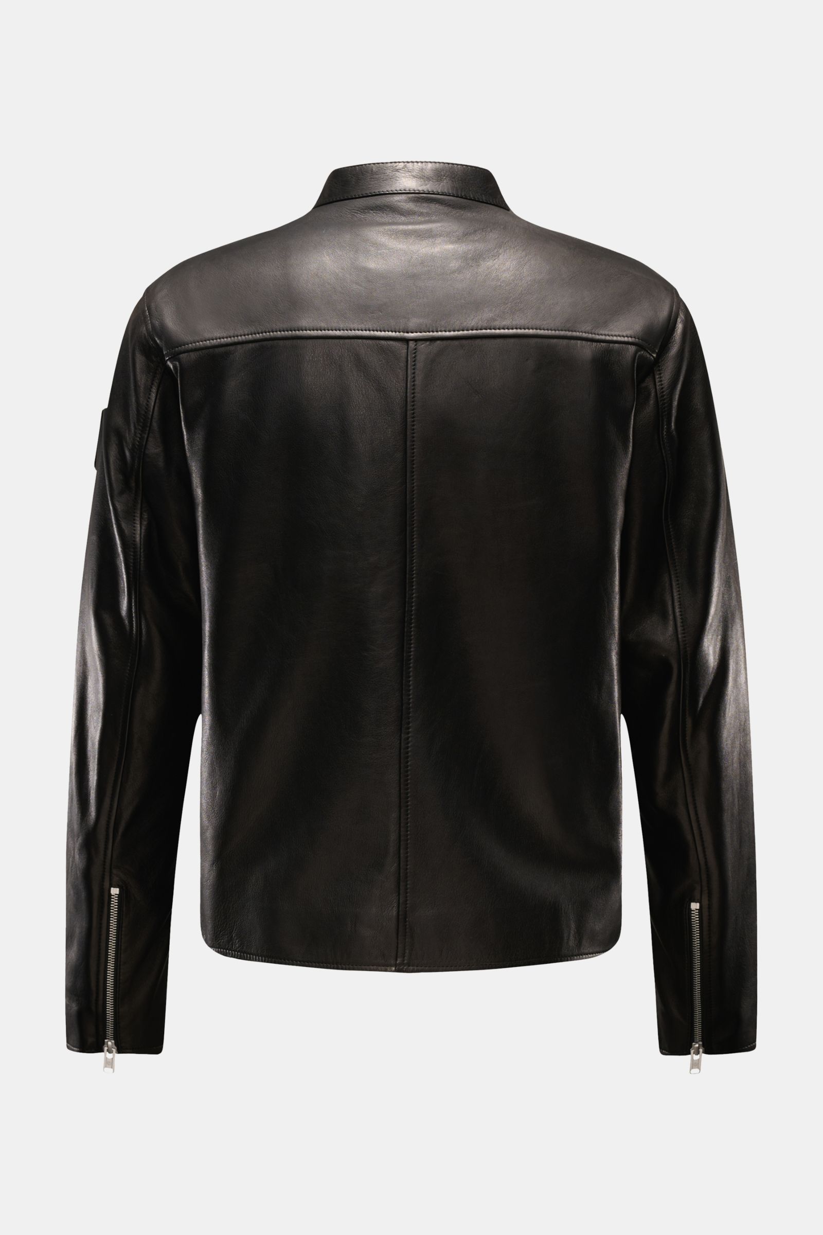 Belstaff Lederjacke 'Track Racer' schwarz, Rückansicht, aus geschmeidigem Lammleder, Slim Fit, Stehkragen, Zipper-Ärmel, metallischer Reißverschluss.
