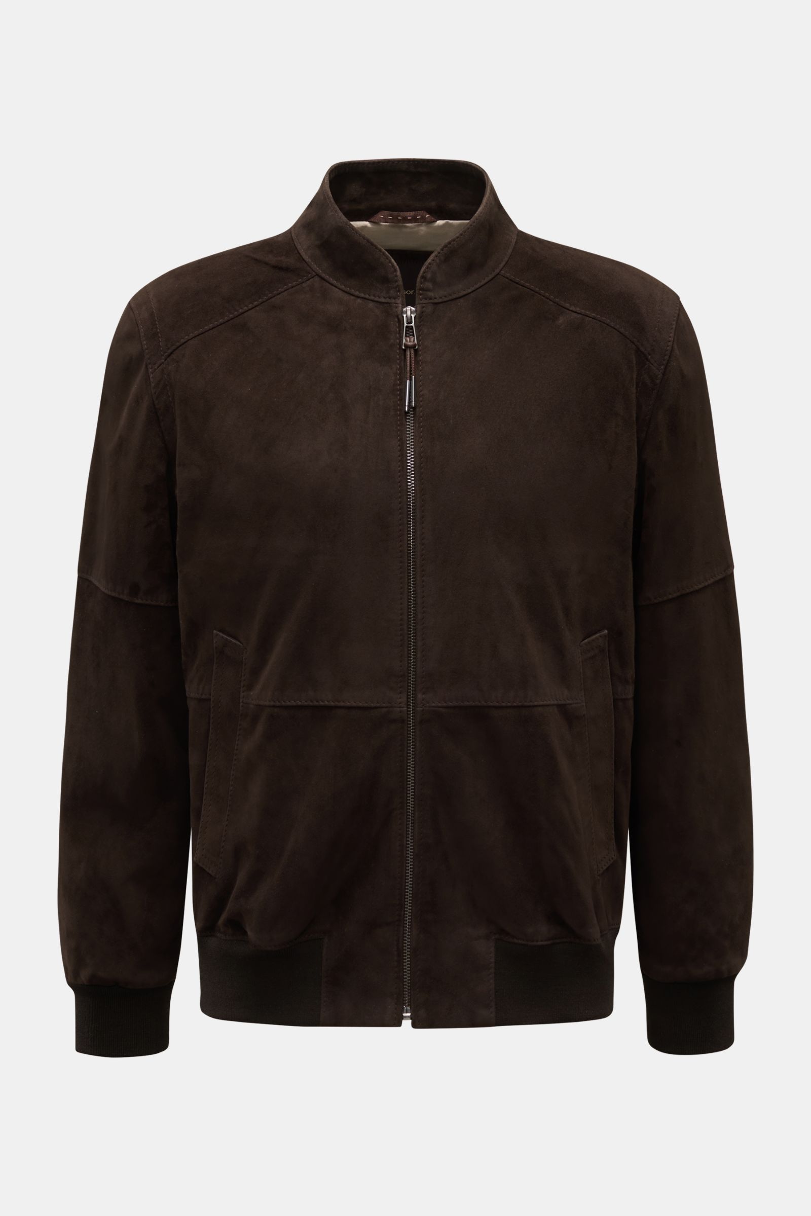 Front view of Windsor Veloursleder Blouson 'Borello' navy, a slim fit, chromfrei gegerbte Ziegenleder jacket with fine velours leather, stand collar, diagonal hip pockets, fine zipper, soft lining, elastic hem, ribbed cuffs, and two inner pockets.