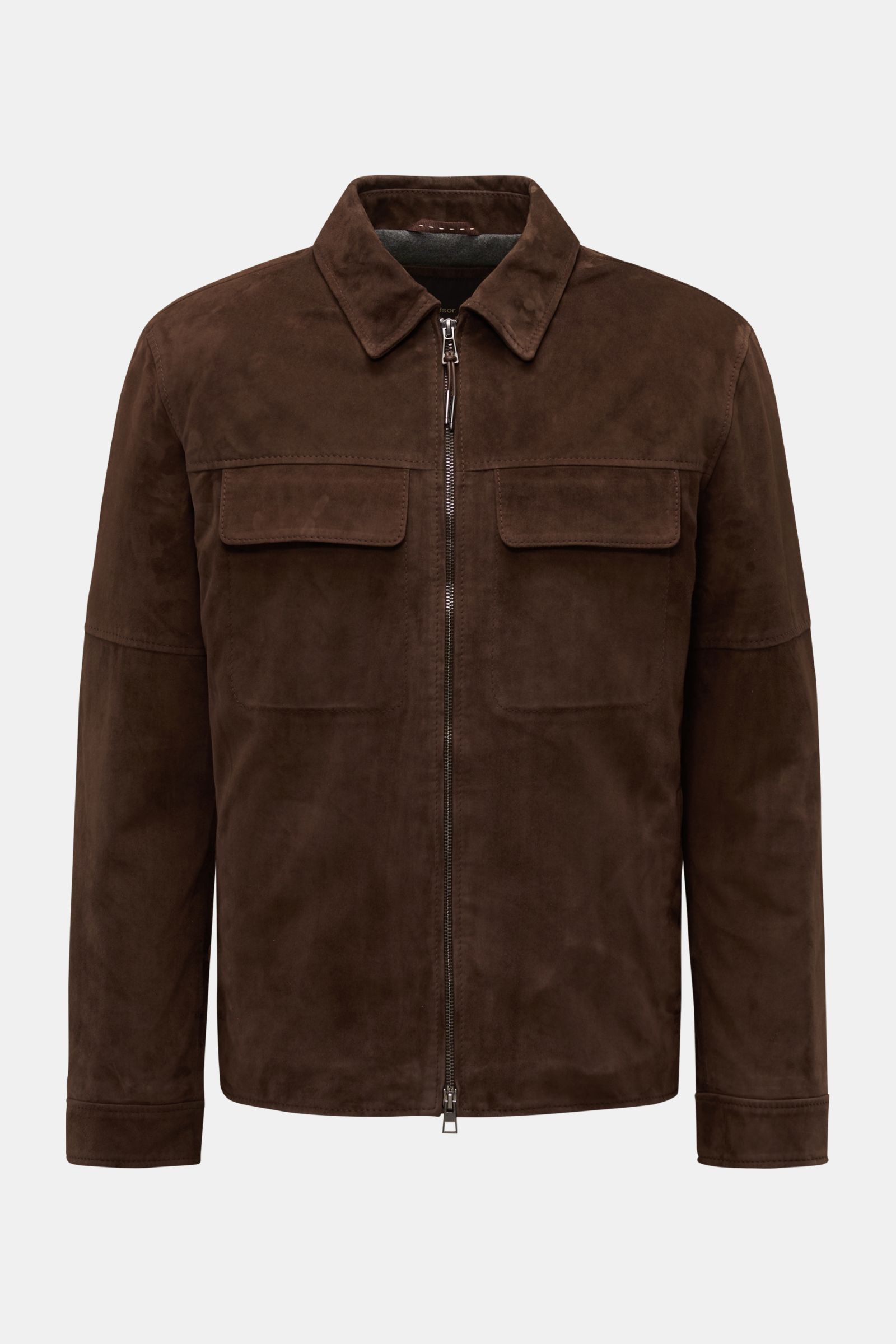 Front view of Windsor Veloursleder Blouson 'Borello' dunkelbraun, a slim fit, smooth goat suede jacket with a stand collar, fine zipper, angled hip pockets, elastic hem, rib-knit cuffs, soft lining, and two inner pockets. Geschmeidiger Blouson: Die chromf