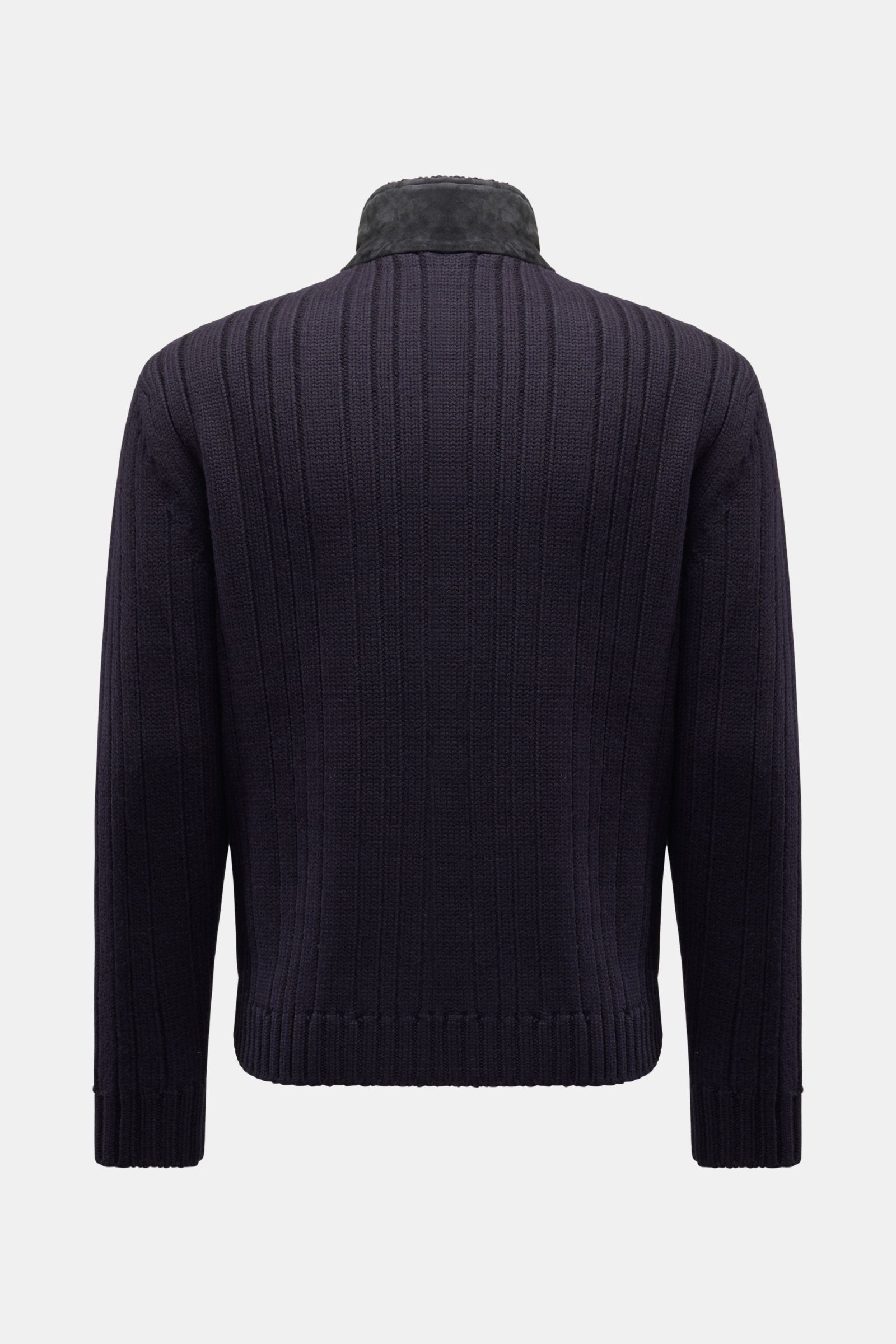 Emporio Armani Strickjacke navy, Rückansicht, grob gestrickte Schurwolle, wattierte Ziegenveloursleder-Front, Slim Fit, Stehkragen, Rippbündchen, Leistentaschen.