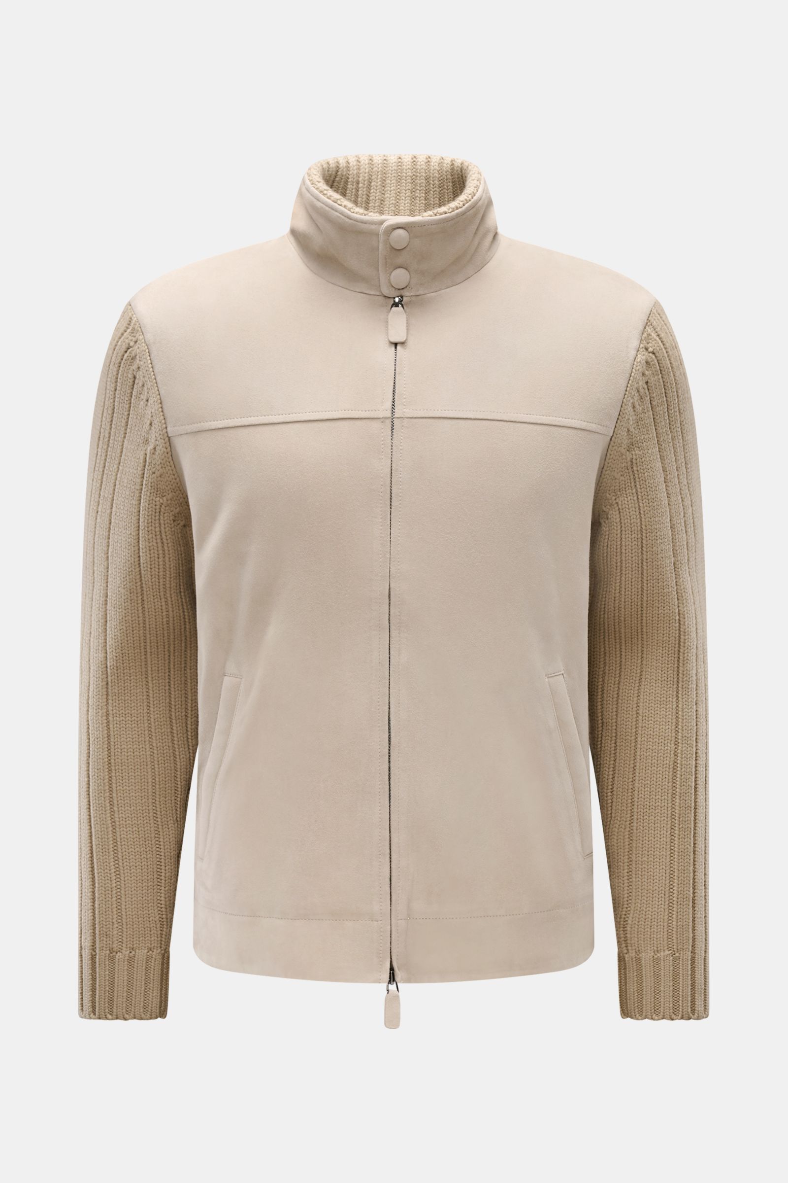 Front view of the Emporio Armani Lederjacke hellbraun, a hybrid jacket combining pure new wool knit sleeves with a soft goat suede leather front, featuring a slim fit, concealed two-way zipper, stand collar with snap button strap, angled welt pockets with
