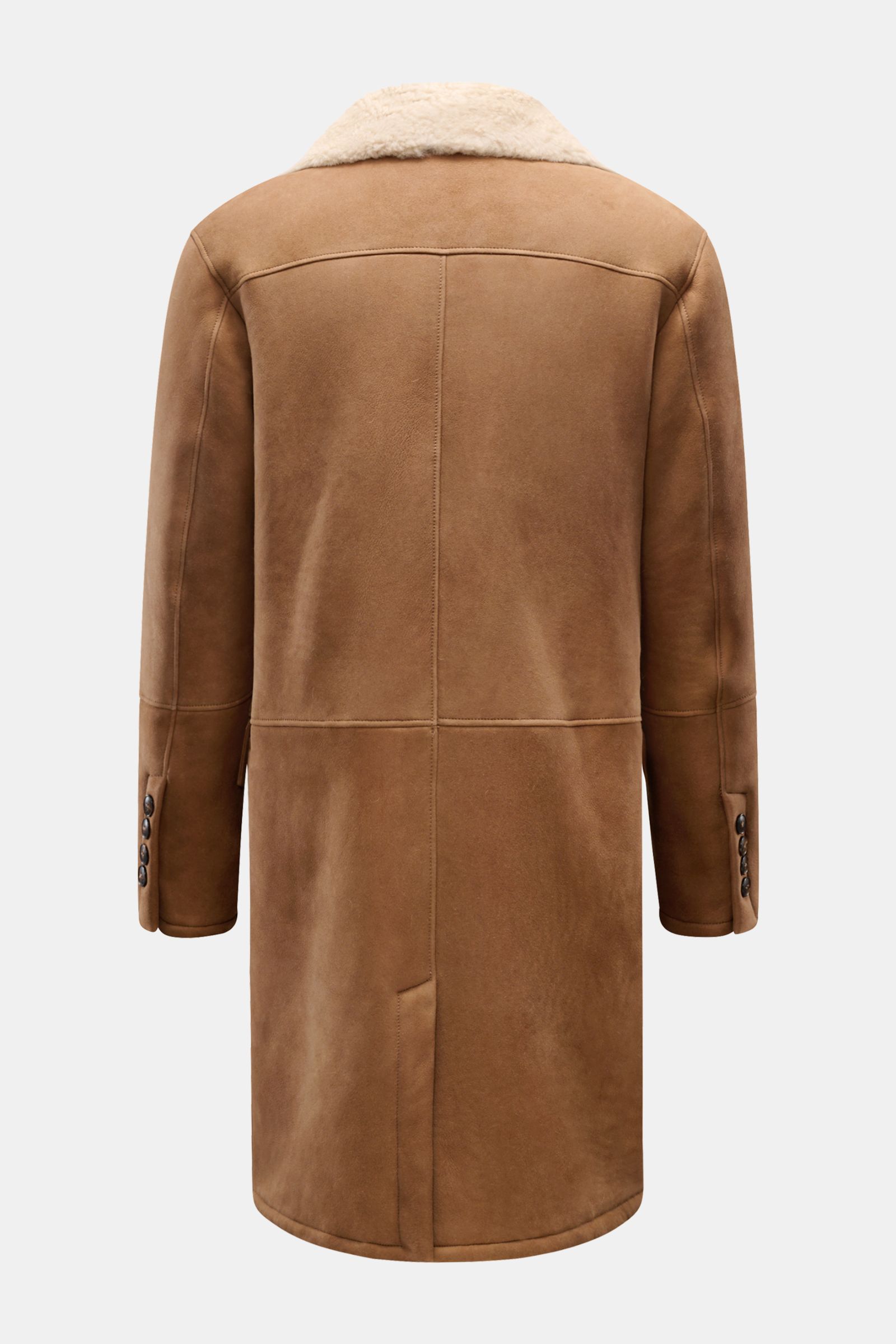 Manzoni 24 Lammfellmantel braun, Rückenansicht, Slim Fit, zweireihige Knopfleiste, reines Lammveloursleder, weicher Griff, Spitzrevers, Taschen, Knopfärmel.