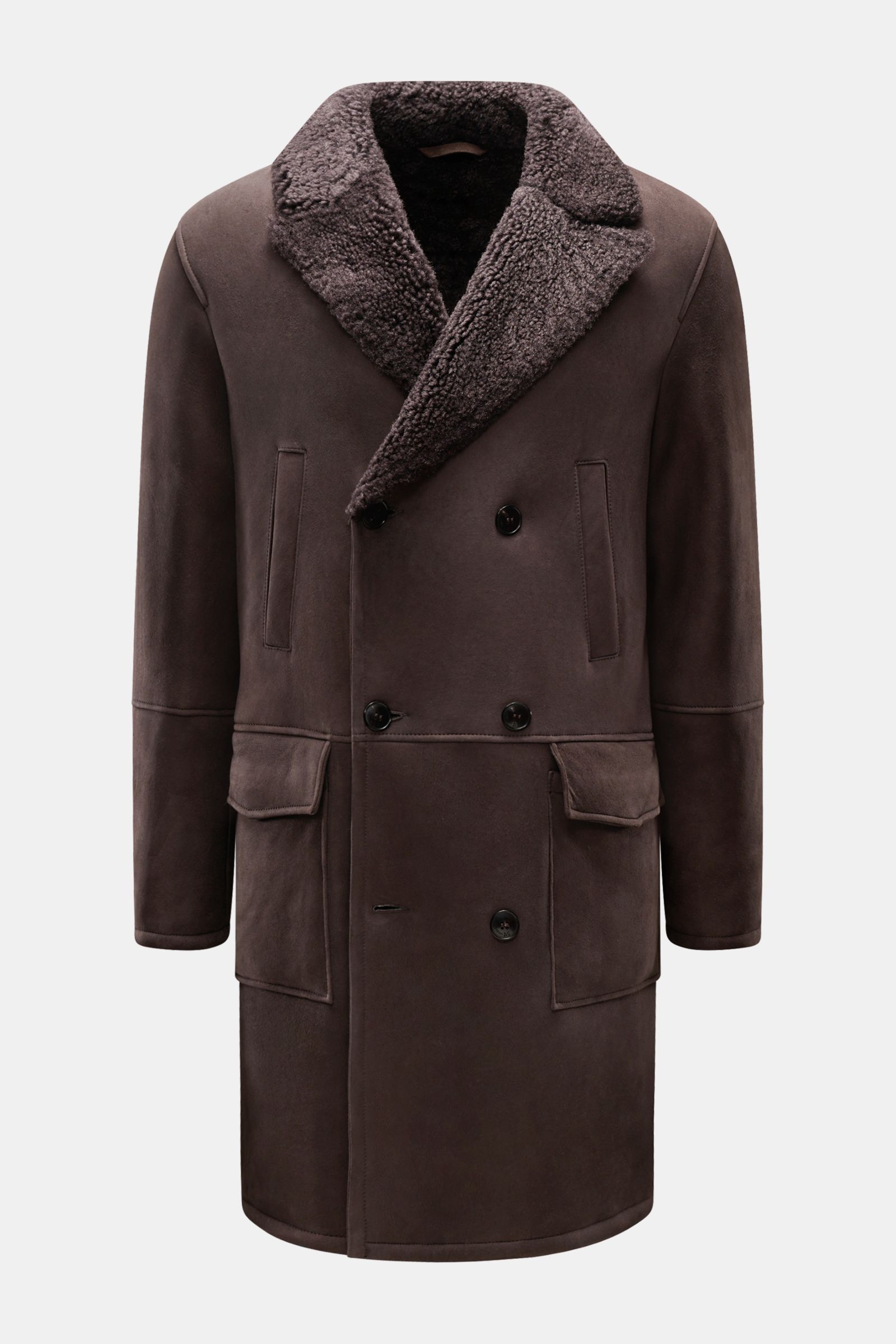 Manzoni 24 Lammfellmantel dunkelbraun, Frontansicht, zweireihig, Slim Fit, Reverskragen, Handwärmetaschen, Lammveloursleder, warm und luxuriös.