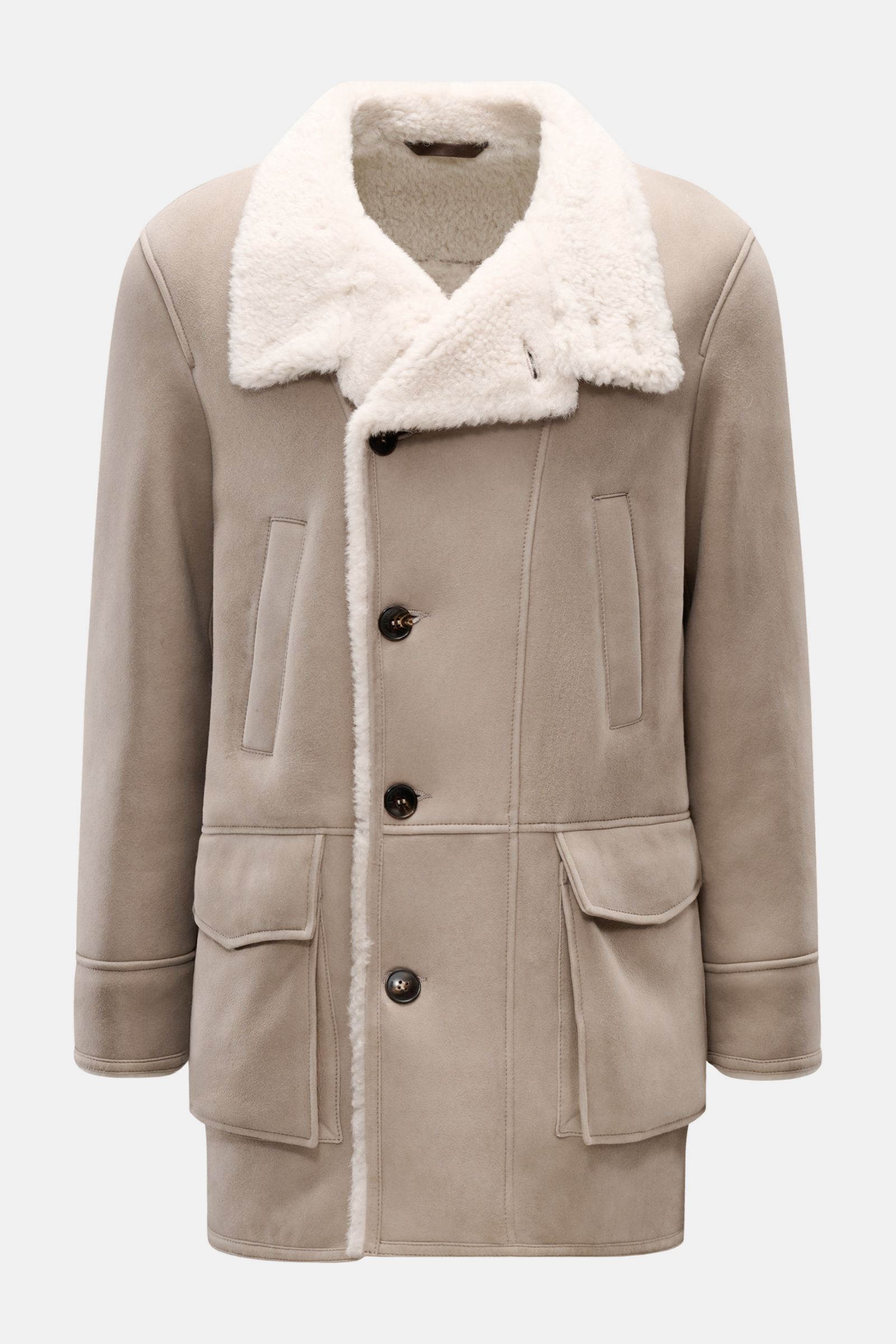 Front view of Manzoni 24 Lammfelljacke hellgrau in soft light grey lamb suede with white lambswool collar, slim fit and five-button closure.

Description: Der Luxus von wärmendem Lammfell materialisiert sich in dieser Jacke von MANZONI 24 aus weichem V