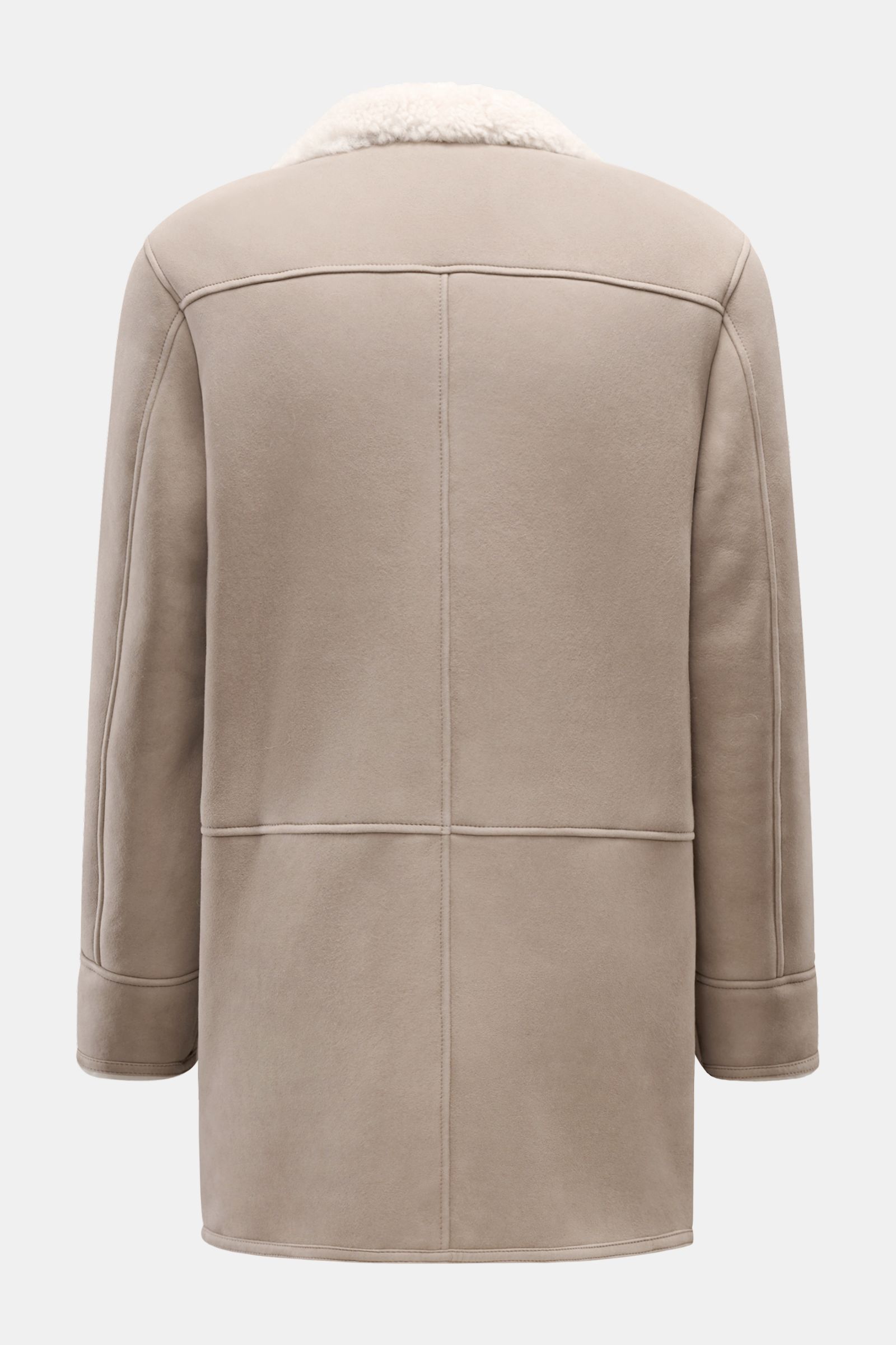Rear view of the Manzoni 24 Lammfelljacke hellgrau, a slim fit jacket made from pure lamb velour leather with a soft feel and variable collar.

Der Luxus von wärmendem Lammfell materialisiert sich in dieser Jacke von MANZONI 24 aus weichem Veloursleder