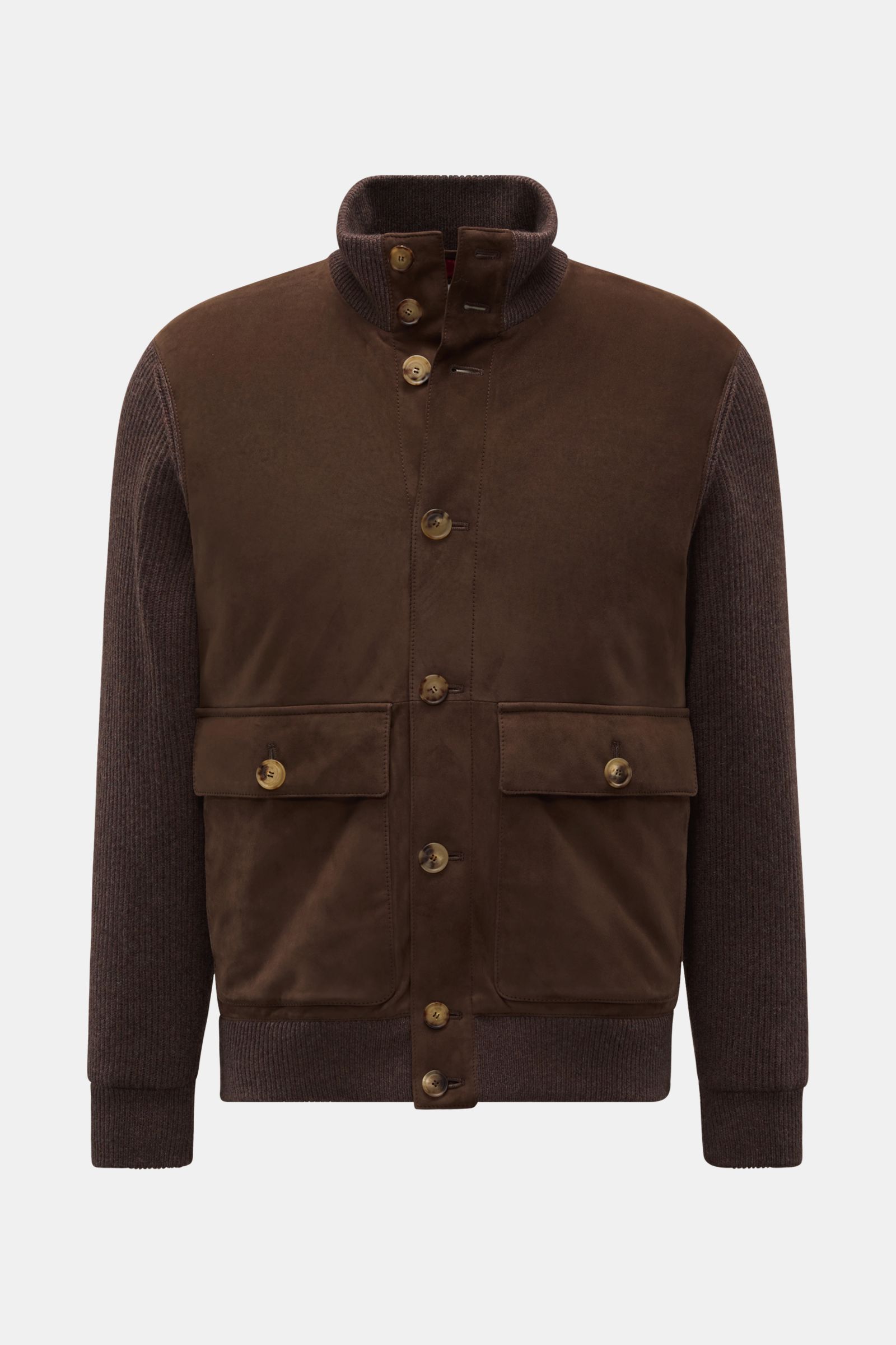 Front view of Brunello Cucinelli Cashmere Strickblouson grau, a slim fit blouson with cashmere knit sleeves and nubuck leather front, featuring an eight-button placket, knitted stand collar, large flap pockets, elastic cuffs, three inner pockets, and smoo