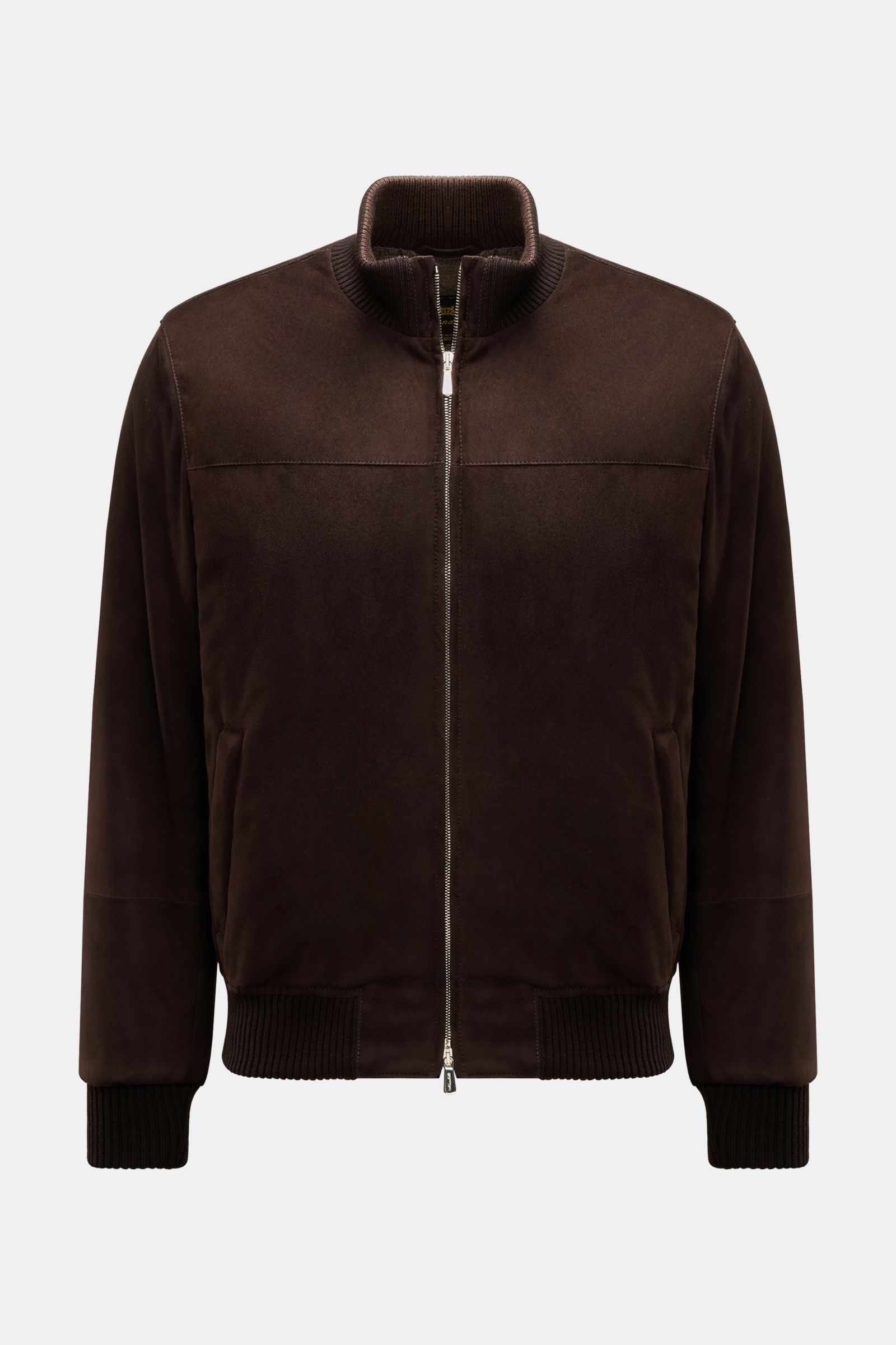 Front view of Mandelli Veloursleder-Blouson dunkelbraun in soft dark brown goat suede with slim fit, two-way zipper, and ribbed cuffs and hem, showcasing luxurious comfort and elegant design.
