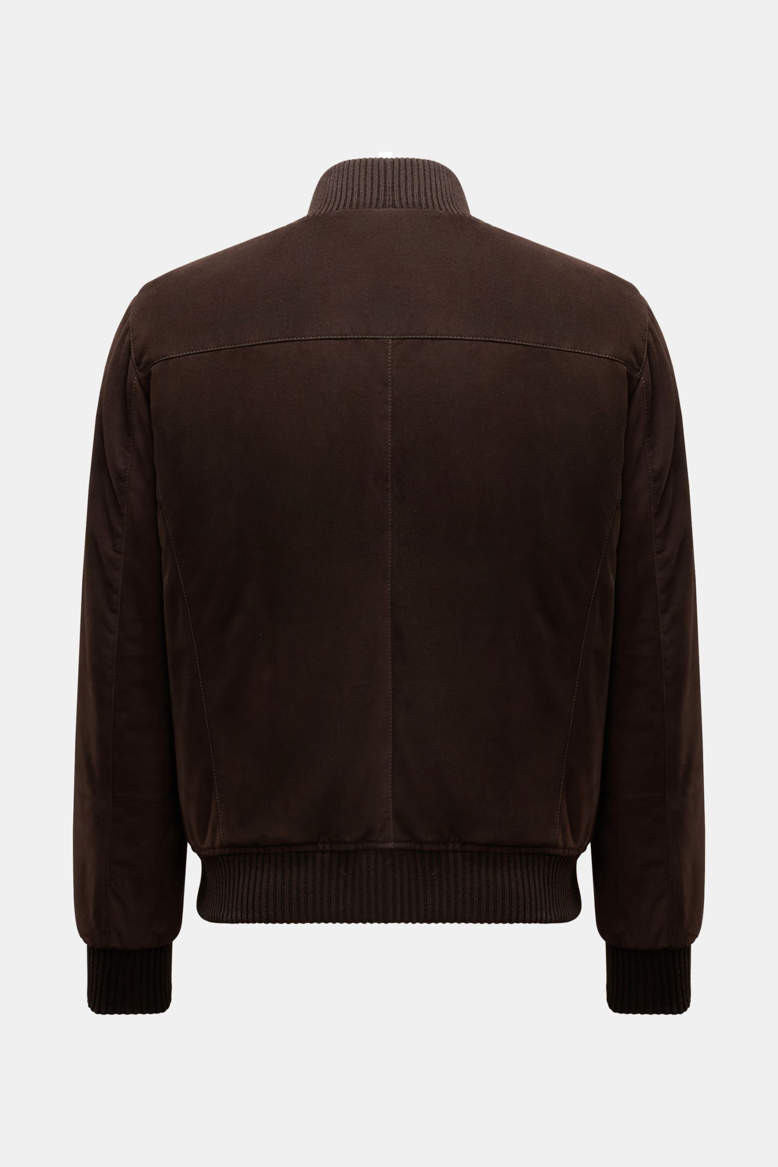 Rear view of Mandelli Veloursleder-Blouson dunkelbraun, a slim fit dark brown goat suede jacket with soft texture, ribbed collar, cuffs, and hem. Luxuriöser Komfort für die Übergangszeit: Der Veloursleder-Blouson von MANDELLI überzeugt mit seiner edlen Ha