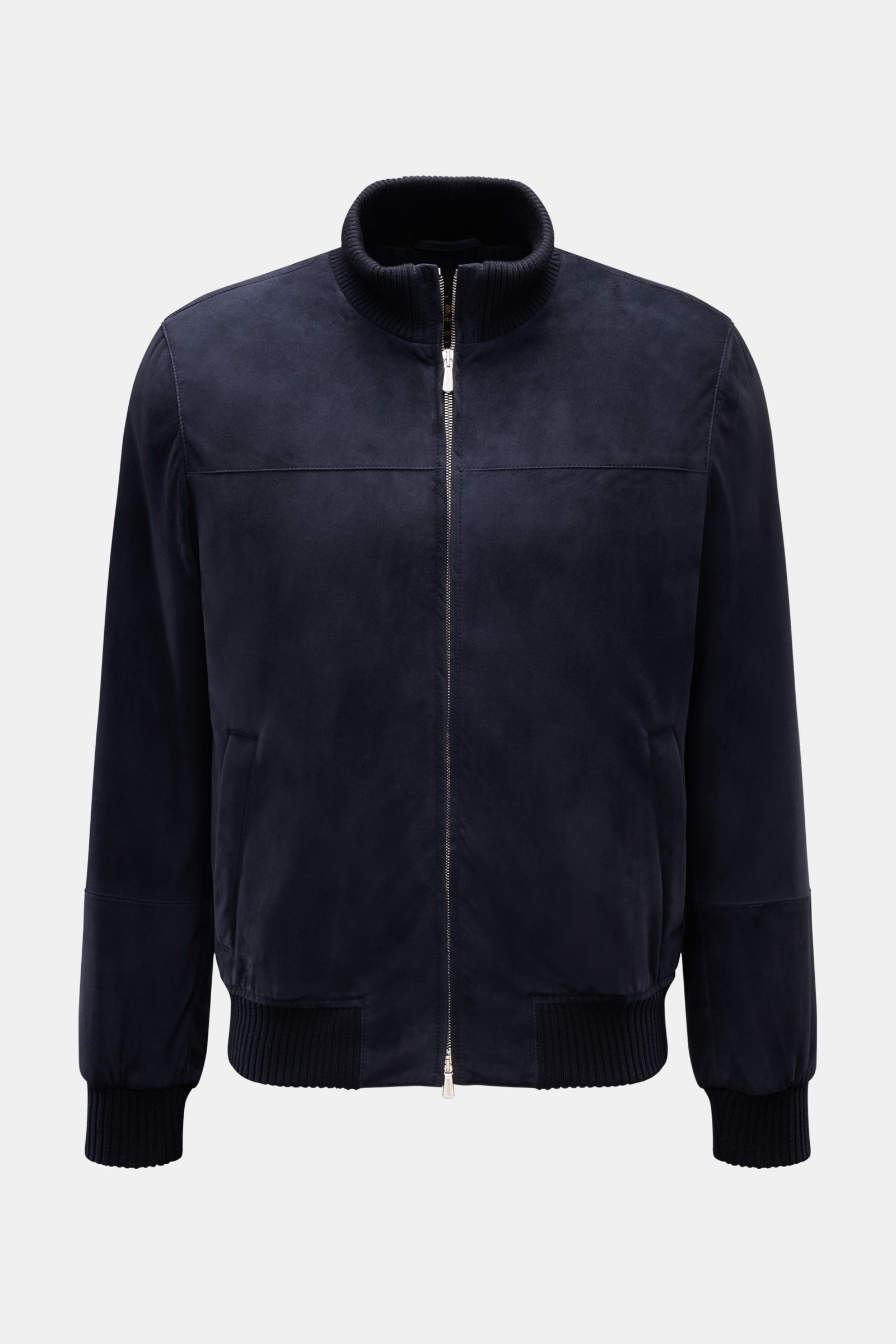 Mandelli Veloursleder-Blouson navy, frontale Nahaufnahme, Slim Fit Ziegen-Veloursleder, Zwei-Wege-Reißverschluss, paspelierte Taschen, elastische Bündchen, gesteppter Futterstoff.