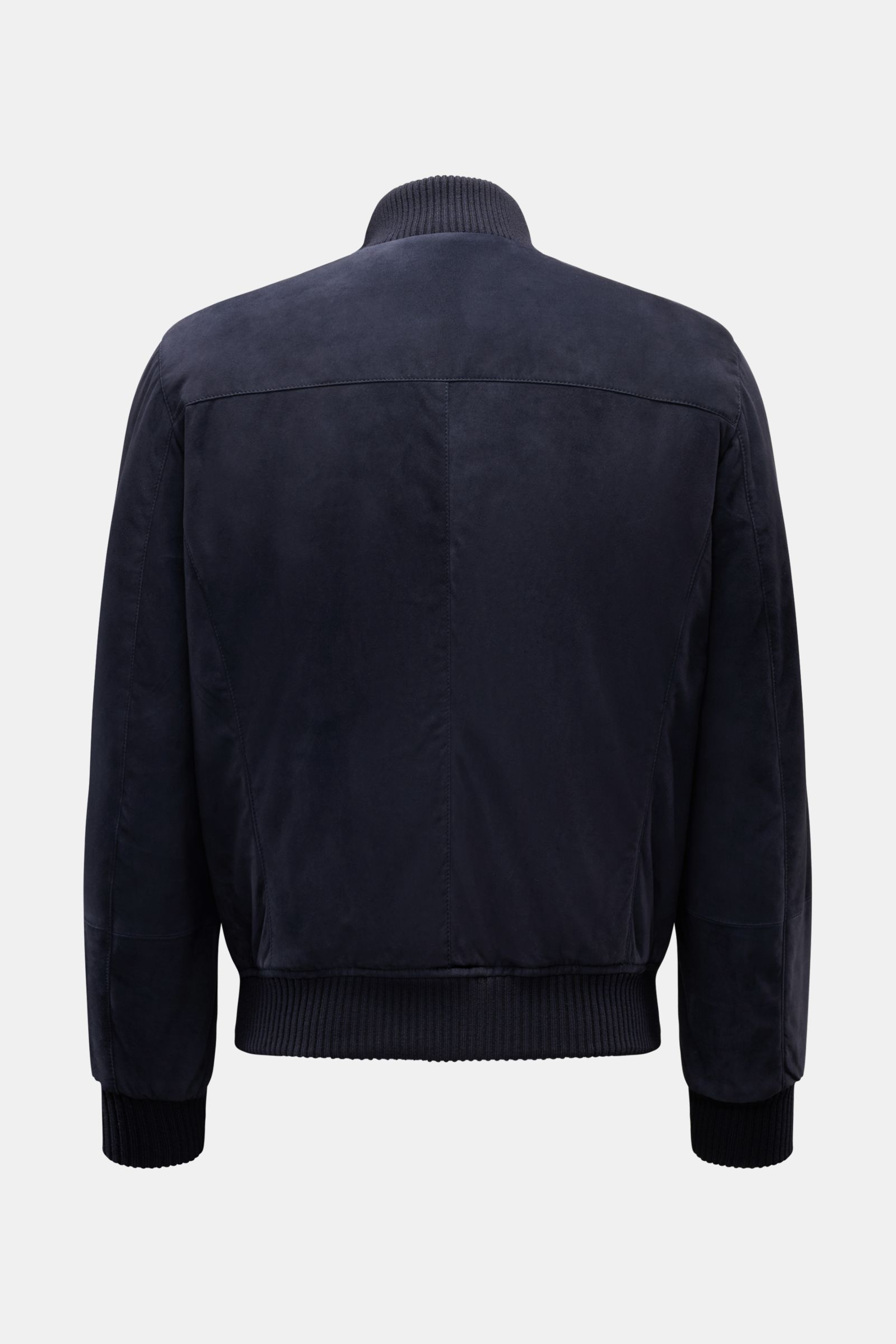 Alt-Tag (125 Zeichen):
Rückansicht des Mandelli Veloursleder-Blouson navy aus Ziegen-Veloursleder mit elastischen Bündchen und Slim Fit.