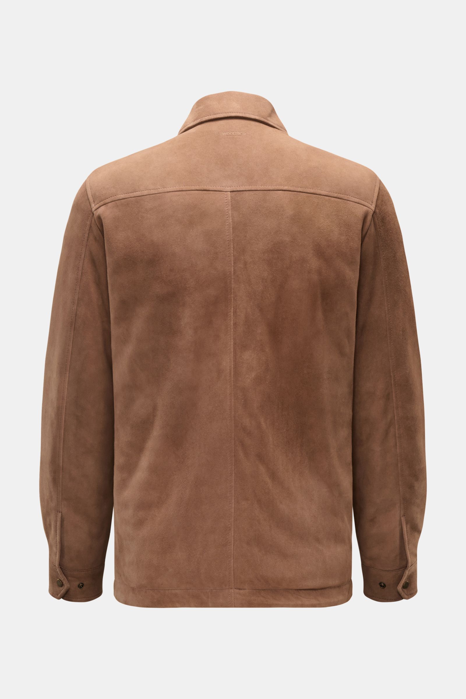 Woolrich Veloursleder-Daunenjacke braun, Rückansicht, softes Ziegenveloursleder, leichte Daunenfüllung, Slim Fit, Umlegekragen, Knopfärmel.