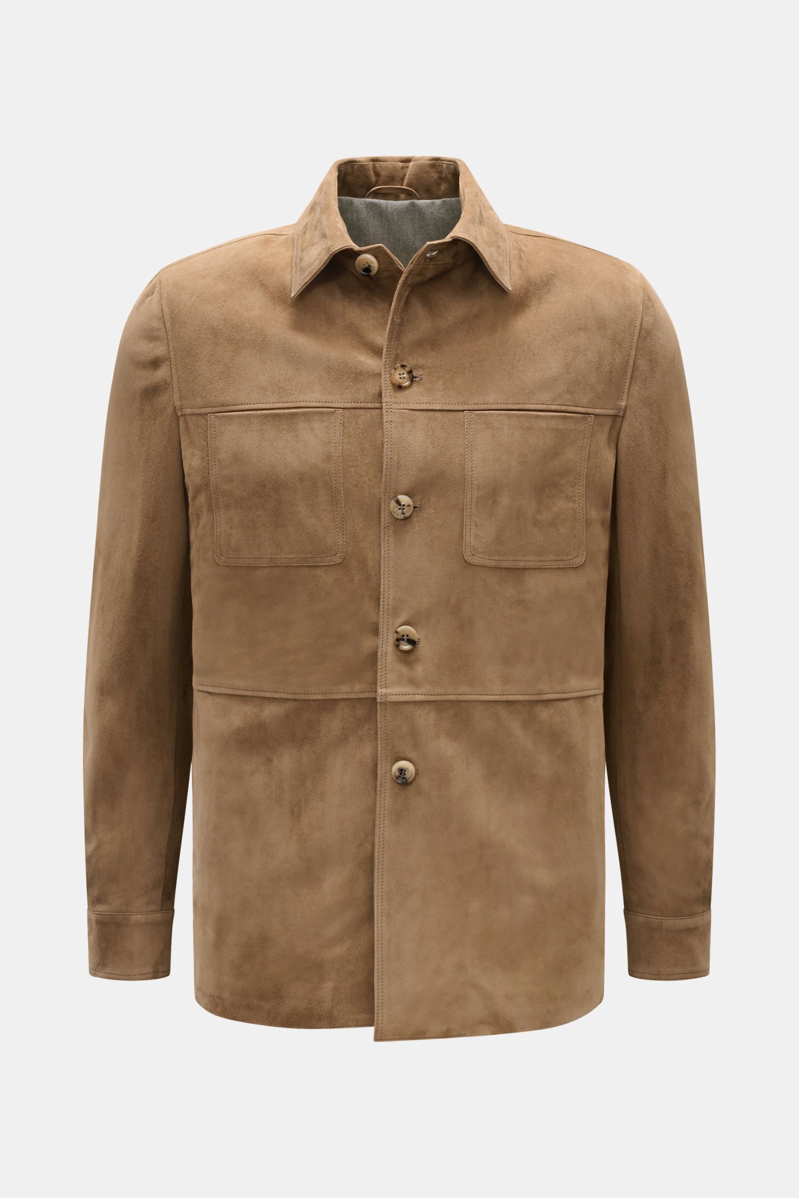 Front view of Rifugio Suede jacket light brown, a slim fit lightweight suede jacket with five-button placket, turn-down collar, patch breast pockets, side seam pockets, cuffed sleeves with buttons, and a warm pure wool lining. Casual style meets timeless 
