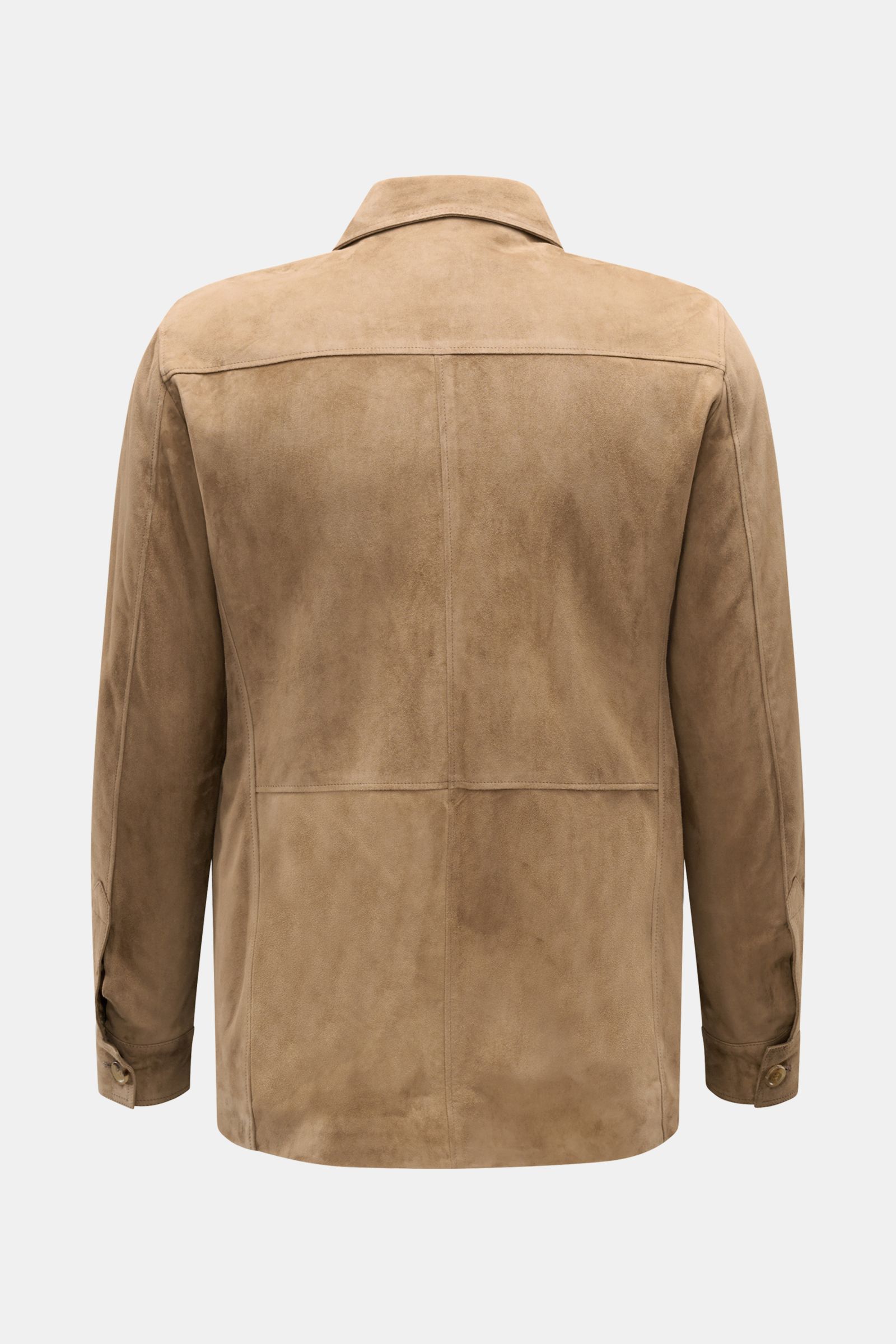 Back view of Rifugio Suede jacket light brown in smooth suede with a slim fit, turn-down collar, buttoned cuffs, and warm wool lining. 

Description: Casual style meets timeless elegance: The lightweight suede jacket by RIFUGIO has a supple feel and lots 