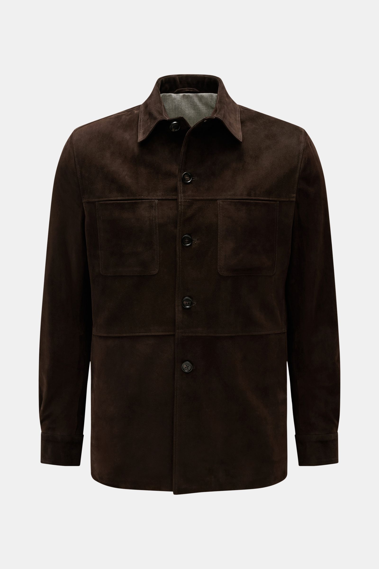 Rifugio Velourslederjacke dunkelbraun in Slim Fit, frontale Ansicht, mit Umlegekragen, fünf Knöpfen, Brust- und Seitentaschen, Wollfutter.