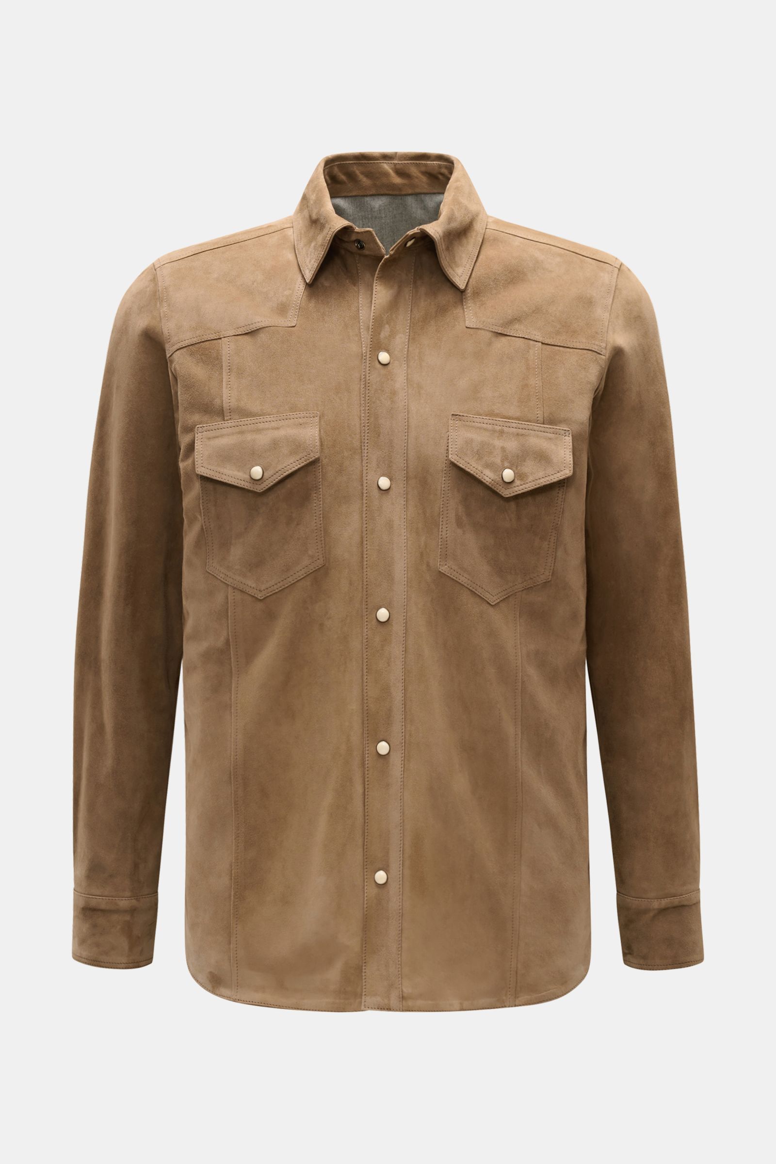 Rifugio Velourslederjacke hellbraun, frontal fotografiert, Slim Fit, geschmeidiges Veloursleder, weicher Griff, Sechs-Knopf-Leiste mit Druckknöpfen, Umlegekragen, Brusttaschen mit Patte, Ärmel mit Manschette, reines Wollfutter, gerundeter Saum.