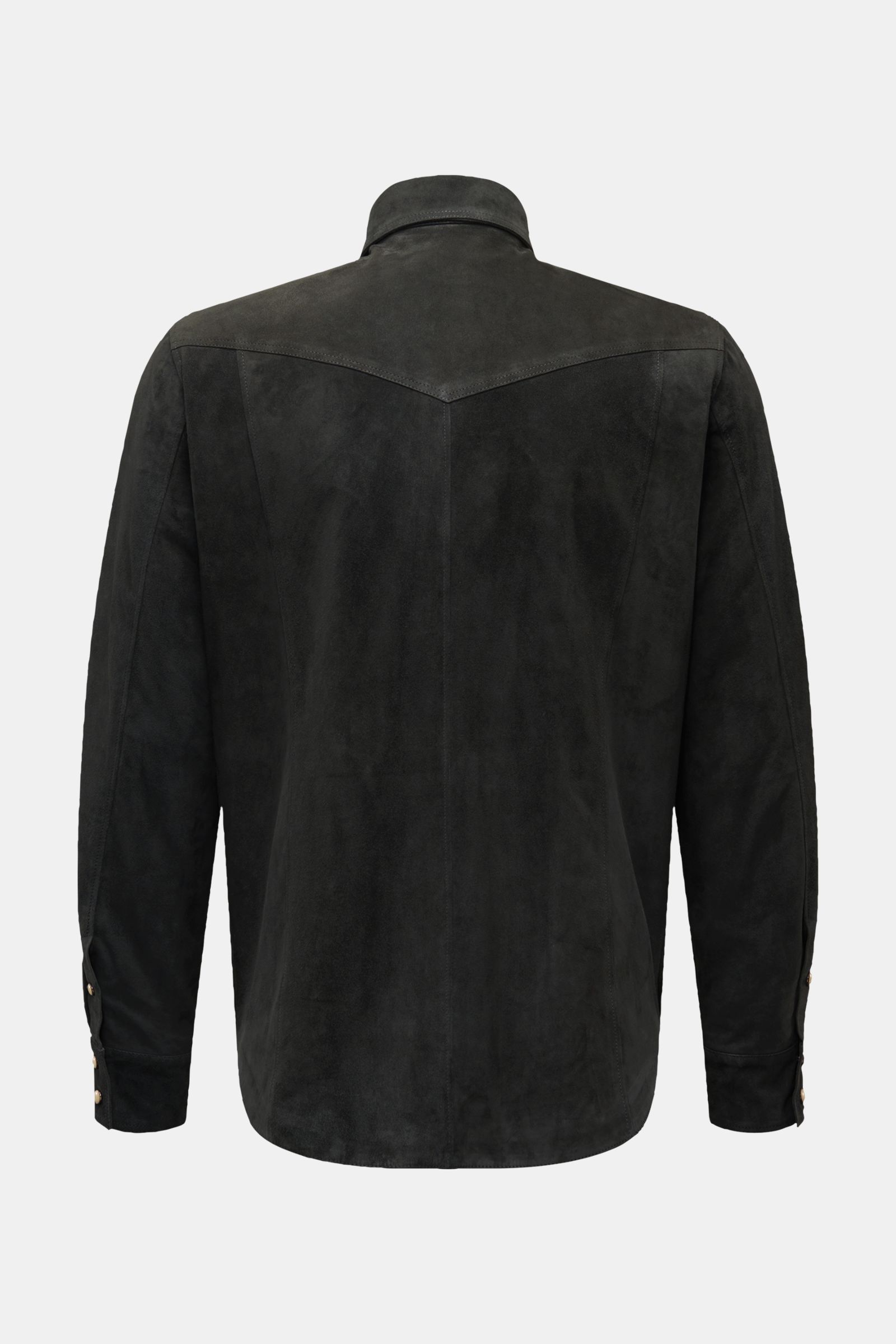 Rückansicht der Rifugio Velourslederjacke anthrazit aus weichem Lammvelours, Slim Fit mit Umlegekragen, Manschetten und Druckknöpfen.