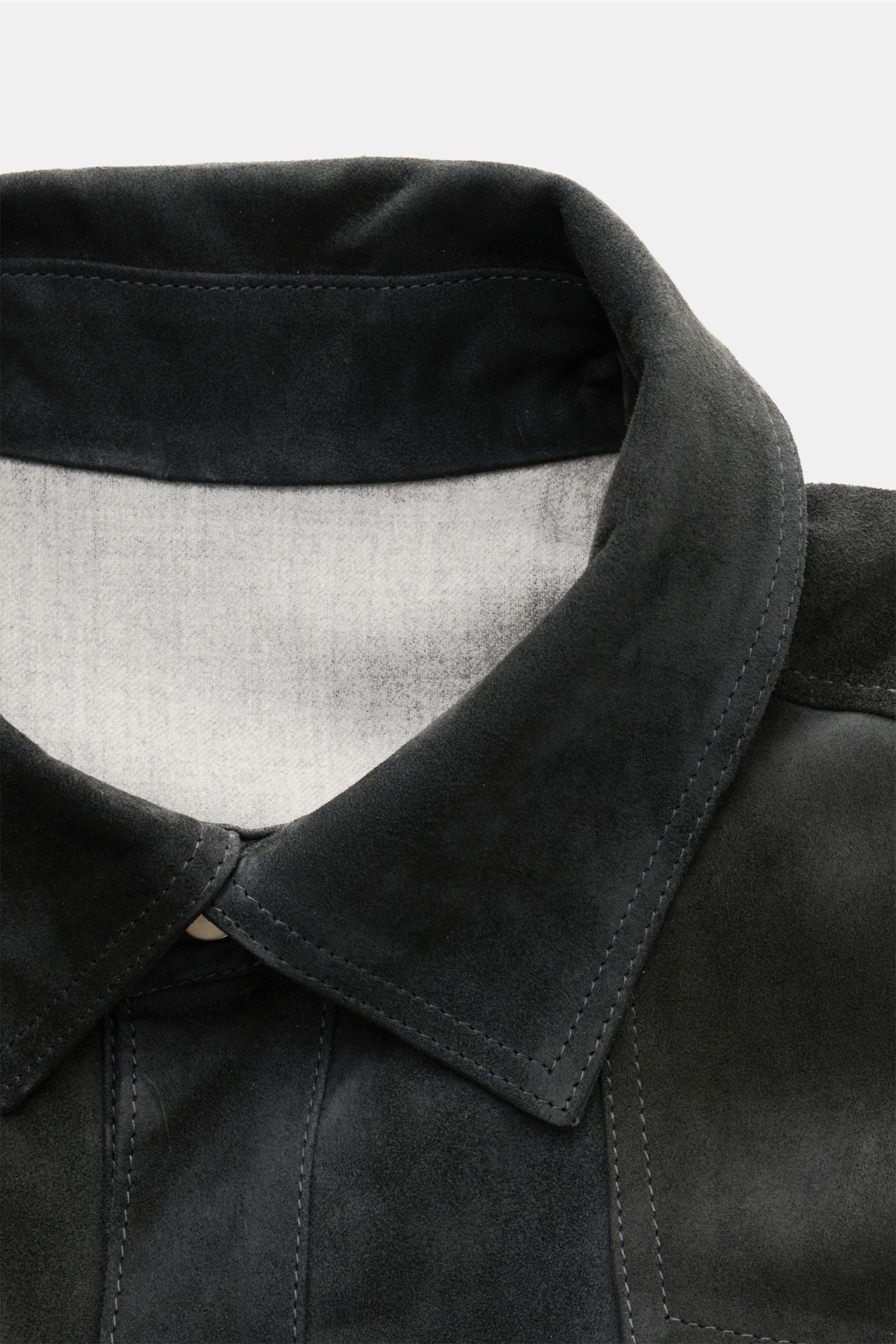 Rifugio Velourslederjacke anthrazit im Slim Fit, Nahaufnahme von Umlegekragen, weichem Lammvelours, Wollfutter und Druckknopf-Leiste.