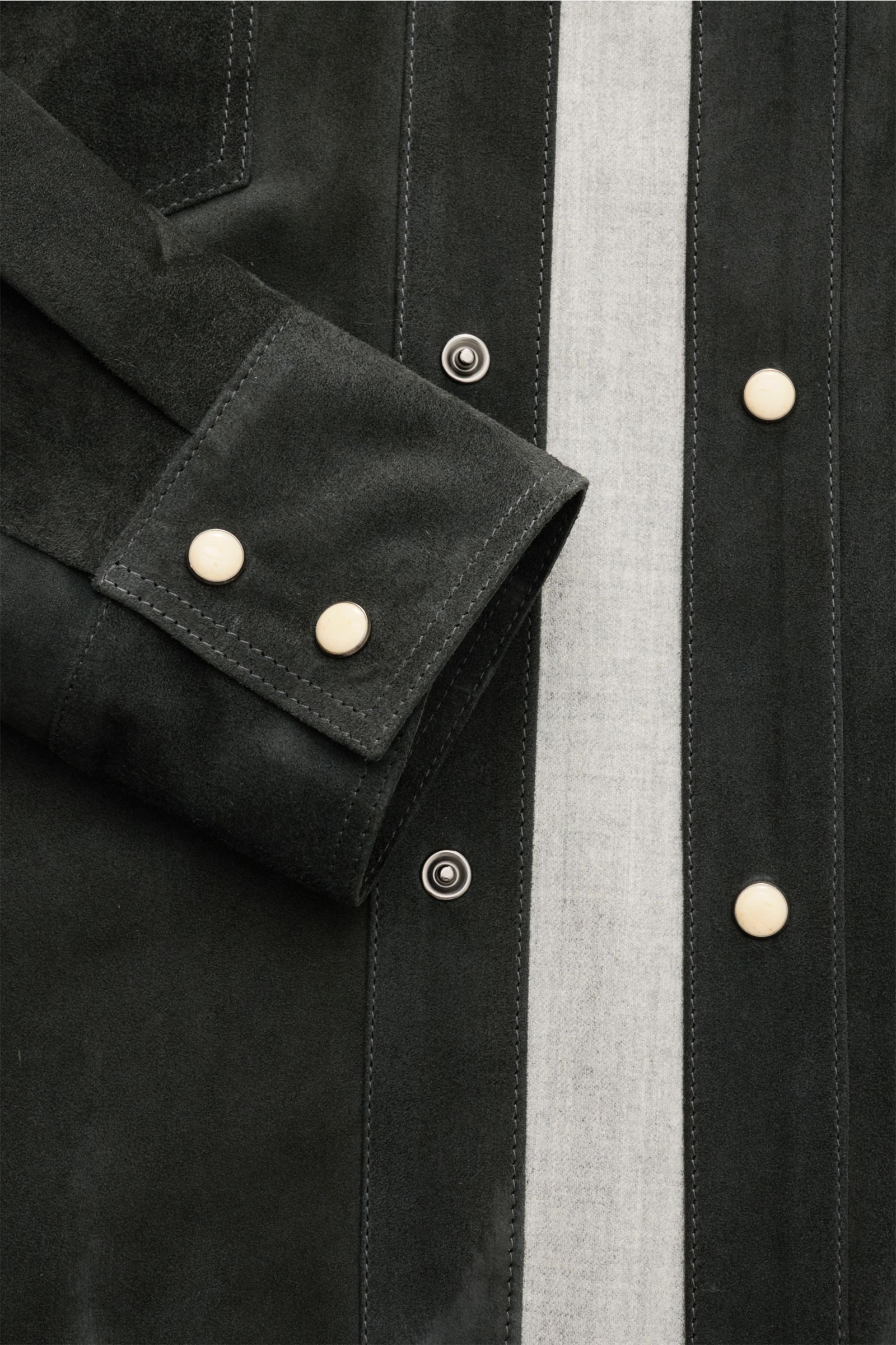 Rifugio Velourslederjacke anthrazit aus weichem Lammvelours, Slim Fit, mit Druckknopf-Leiste, Manschetten und Wollfutter, Detailaufnahme frontal.