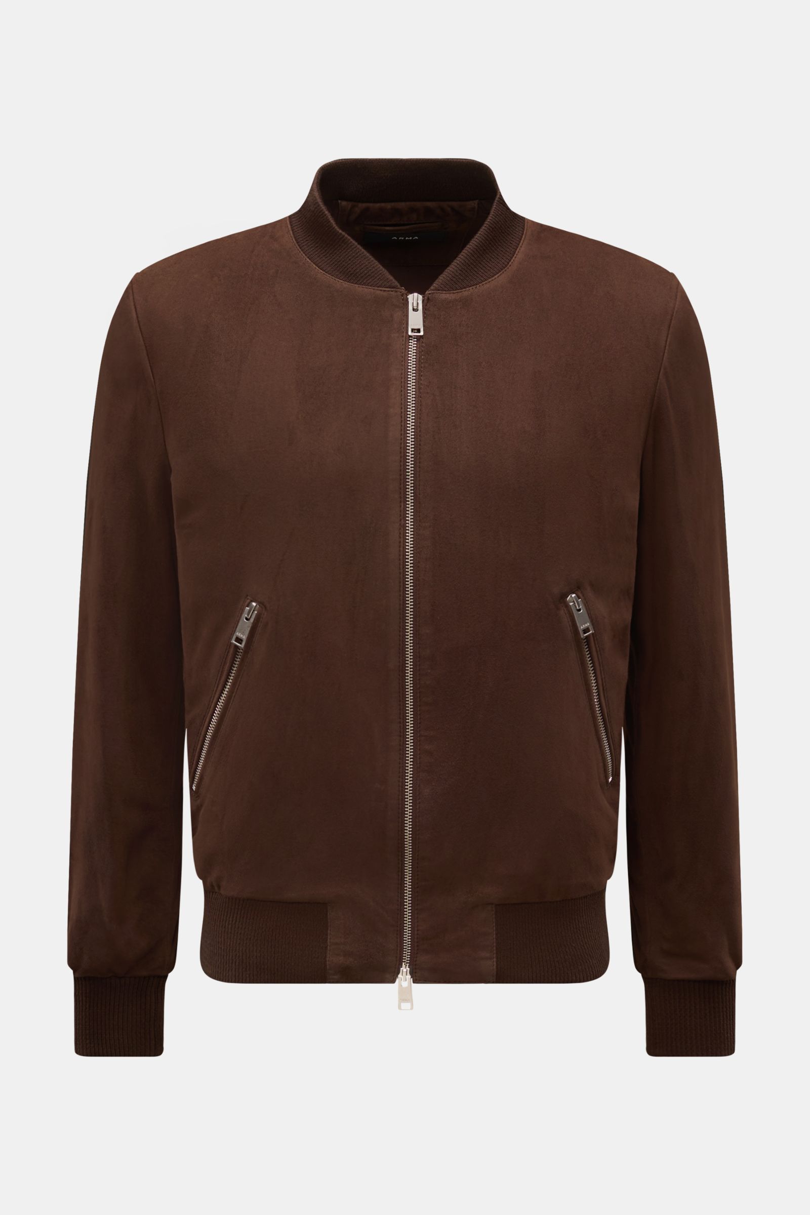 Front view of Arma Suede blouson 'Didier' brown in fine goat suede with slim fit, blouson collar, elastic ribbed bands, two-way zip, and zippered hip pockets.