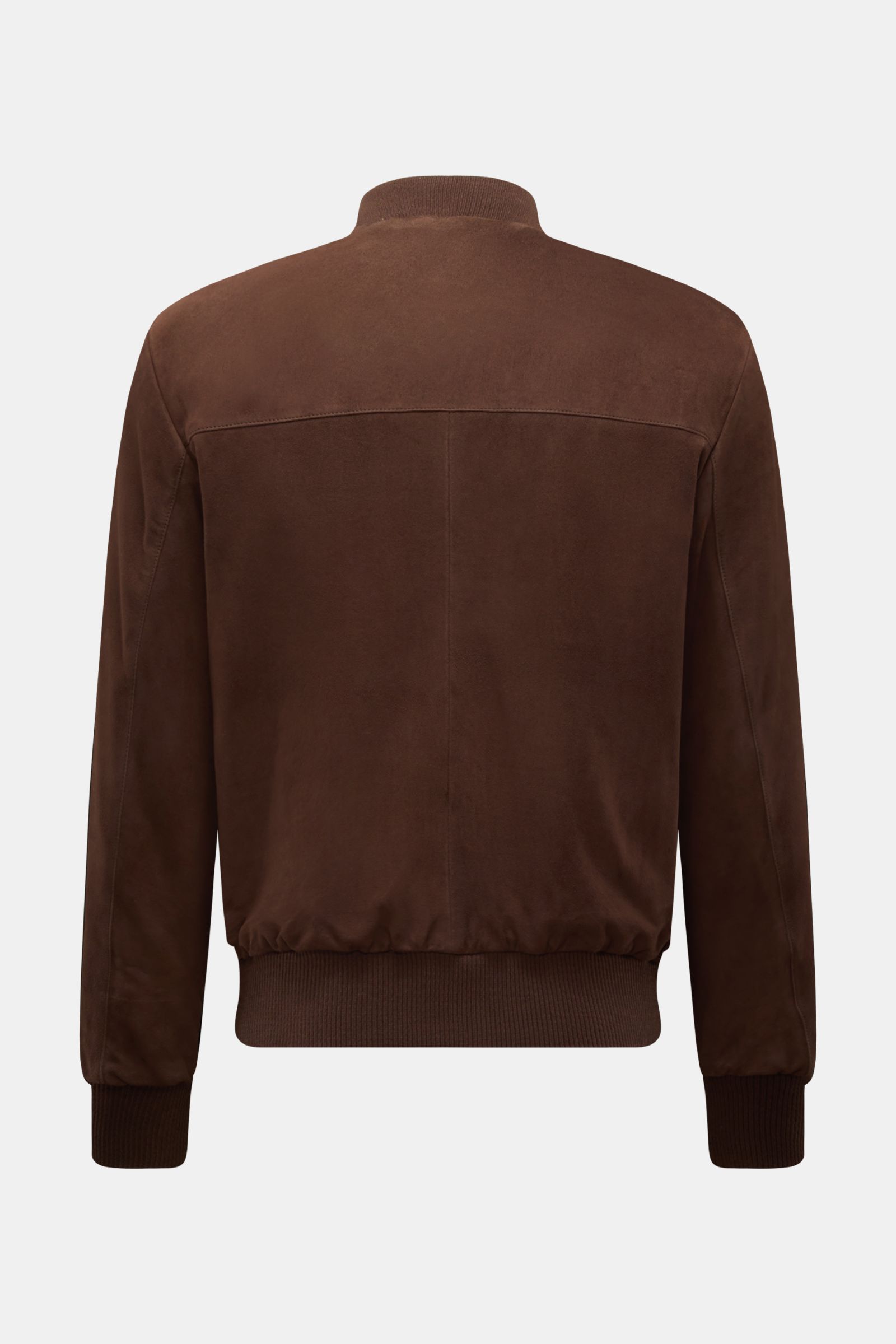 Arma Suede blouson 'Didier' brown shown from the back, slim fit goat suede jacket with elastic ribbed bands and signature blouson collar.  

Smart and timeless: The leather blouson 'Didier' from ARMA is made of supple goat suede and stands out with a s