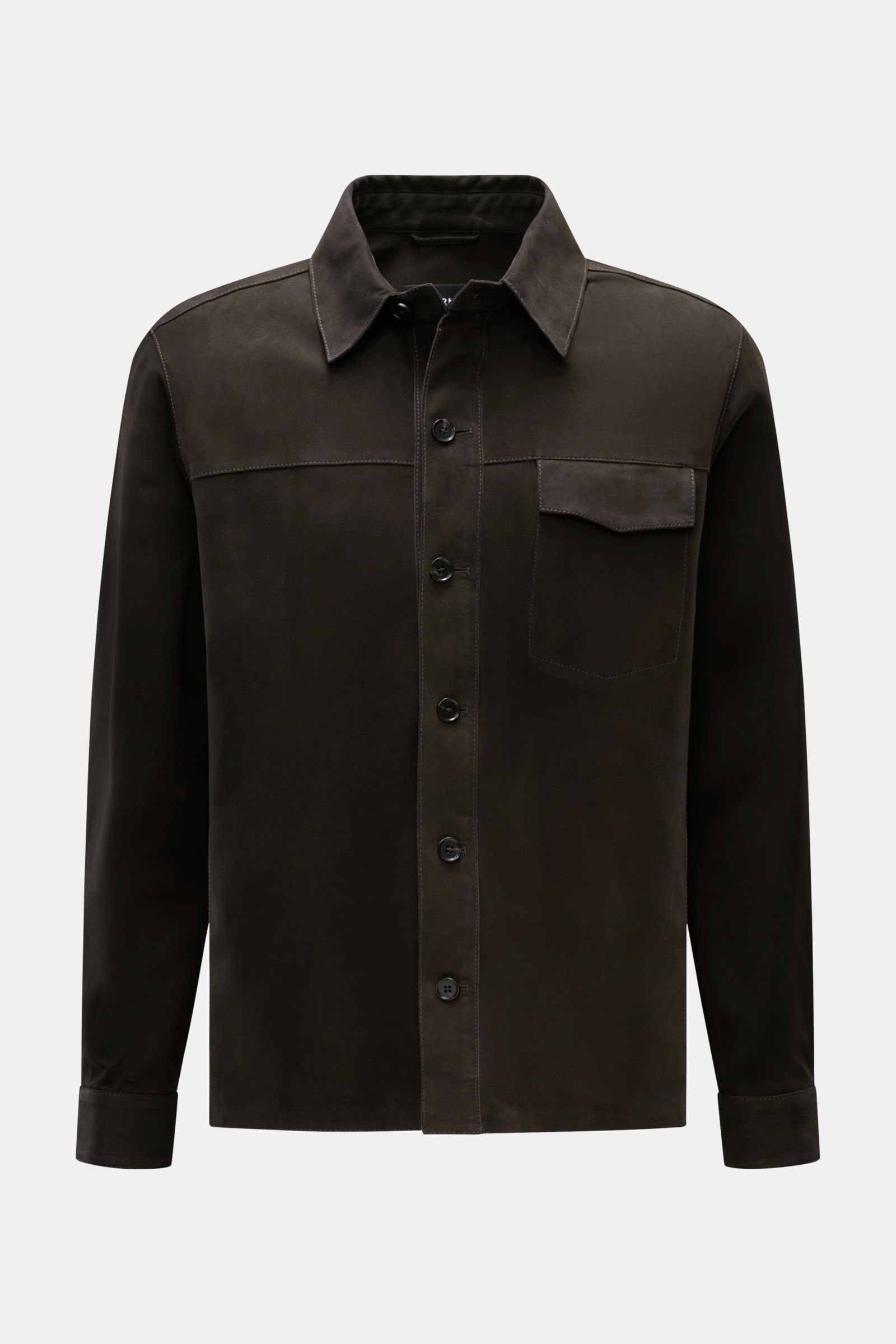 Arma Velourslederjacke 'Dillen' anthrazit, Frontansicht, Slim Fit Overshirt aus edlem Lammveloursleder mit Umlegekragen, Brusttasche, 6-Knopf-Leiste, weicher Griff.