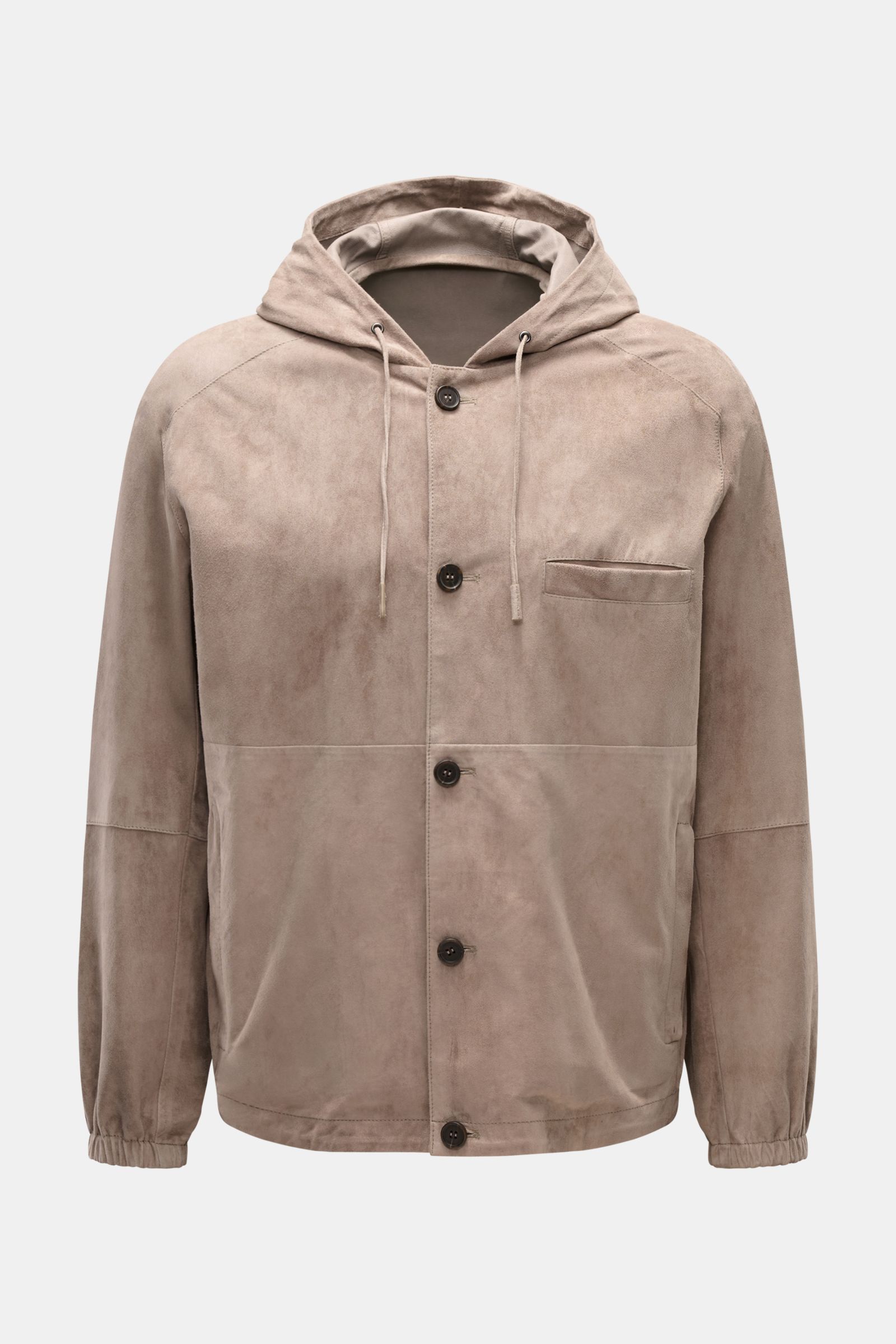 Front view of Emporio Armani Velourslederjacke taupe, a slim fit taupe suede jacket with hood, five-button placket, chest pocket, zipper pockets, raglan sleeves, elastic cuffs, and adjustable hem. Urban allrounder crafted from soft goat leather with a pra