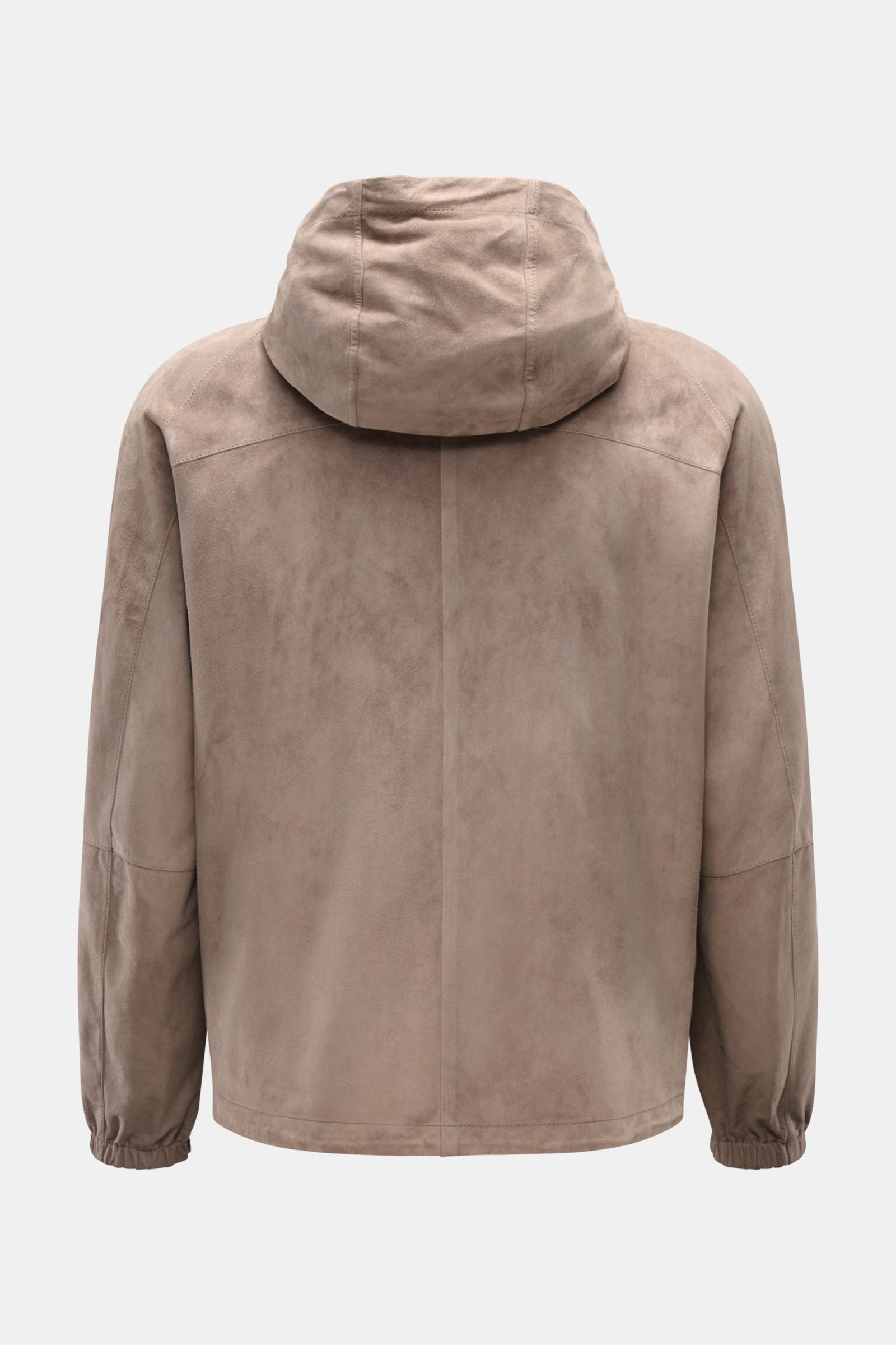 Back view of Emporio Armani Velourslederjacke taupe in soft goat suede with hood, slim fit, elastic cuffs, and raglan sleeves, ideal for casual looks. Urbaner Allrounder with five-button placket, adjustable hem, chest pocket with button, zipper front pock