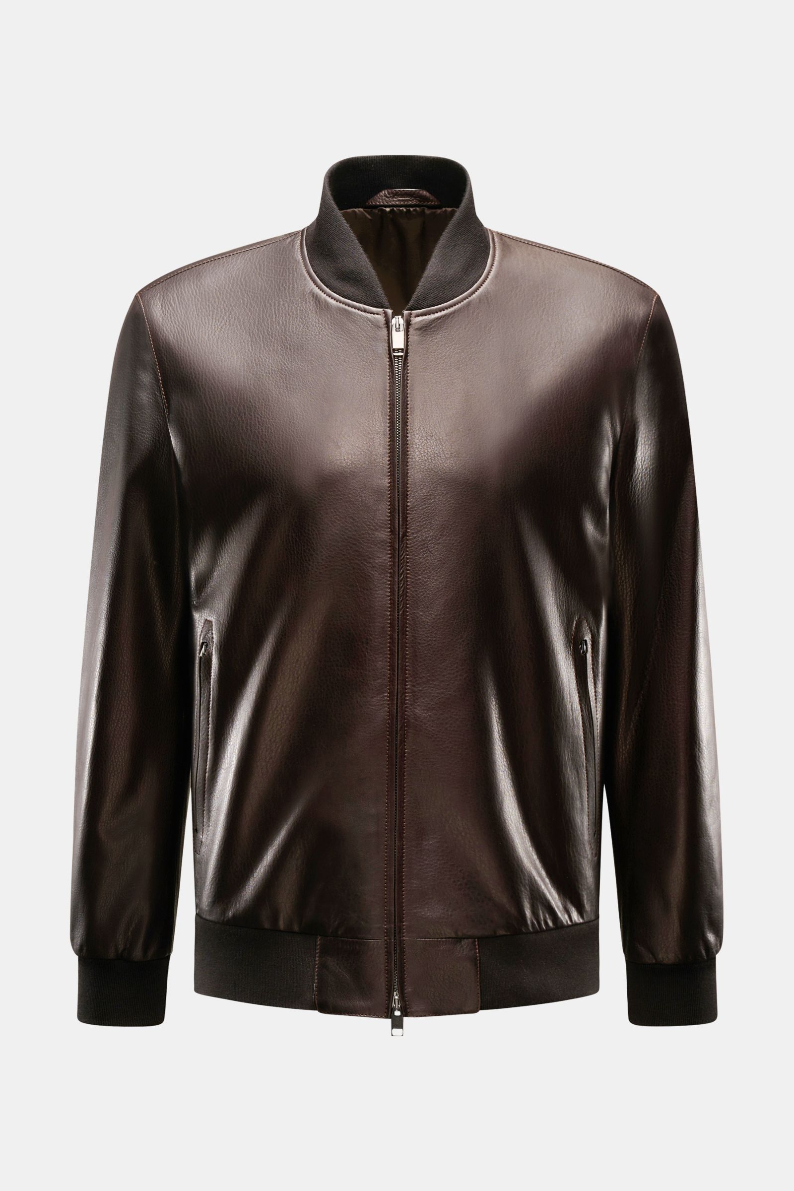 Front view of Brioni Leather blouson 'Plad' dark brown in elegant lambskin leather with slim fit, two-way zip, zip pockets, elastic cuffs and hem.