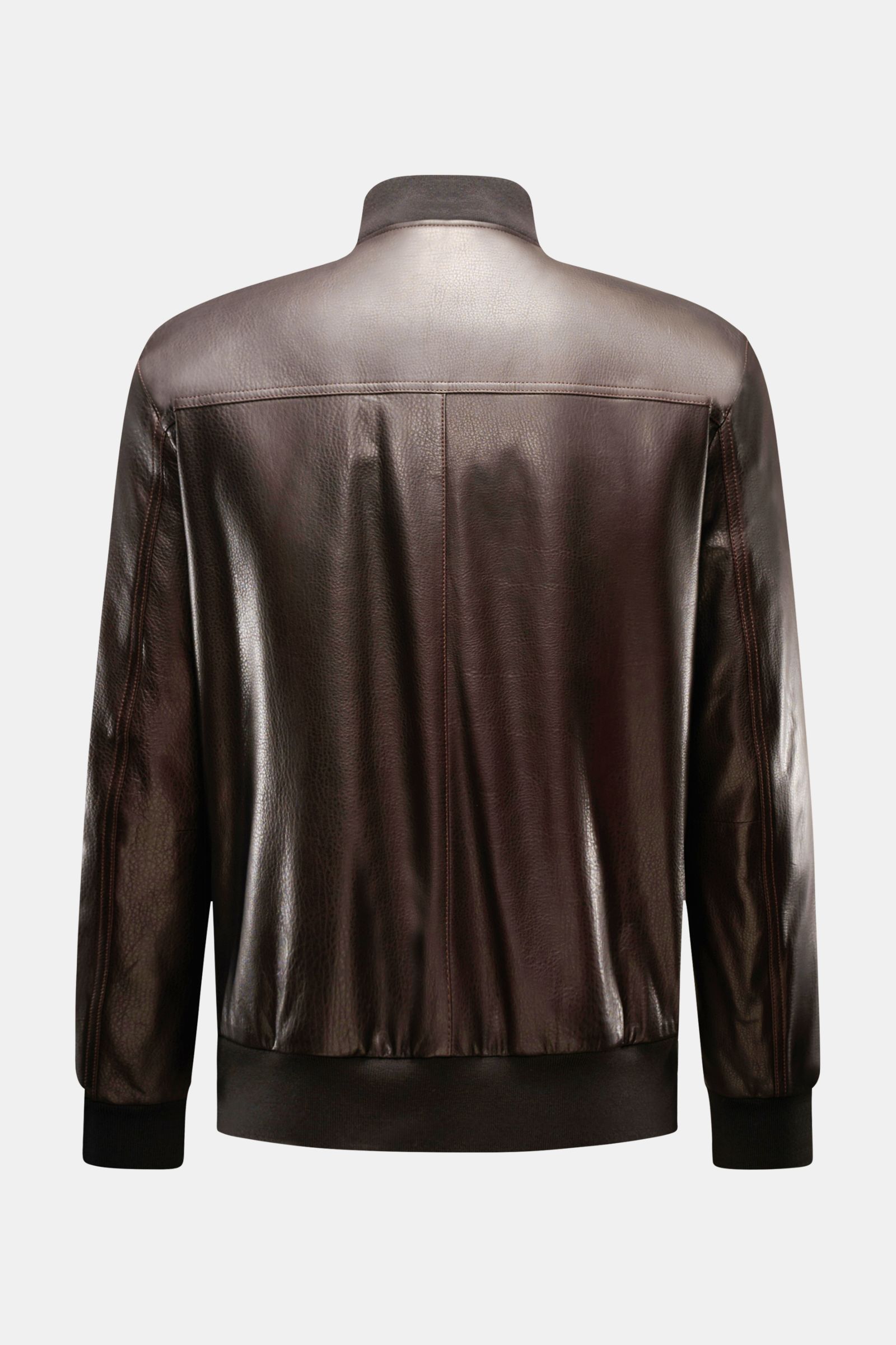 Rear view of Brioni Leather blouson 'Plad' dark brown in elegant lambskin leather, slim fit with elastic hem and sleeve cuffs.