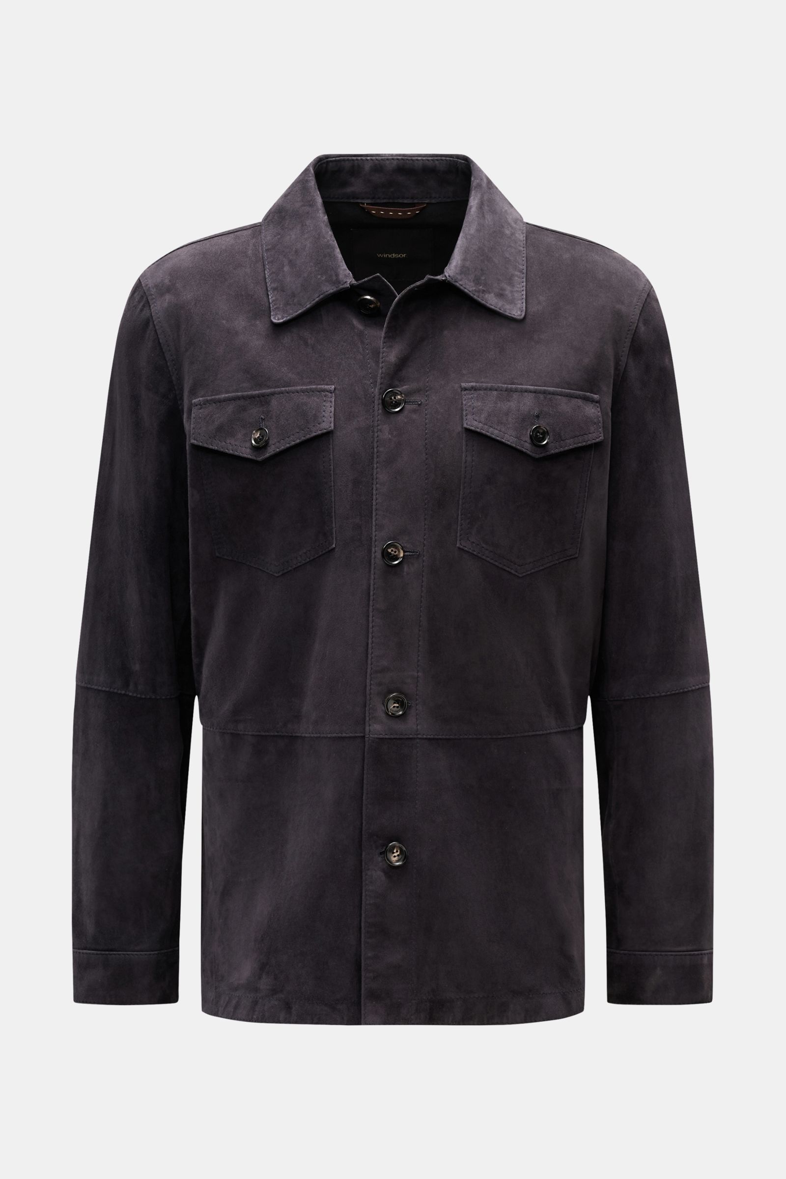 Windsor Leder-Overshirt 'Oleano' navy aus softem Veloursleder, Slim Fit, mit Umlegekragen, Brusttaschen, Manschetten, frontal fotografiert.