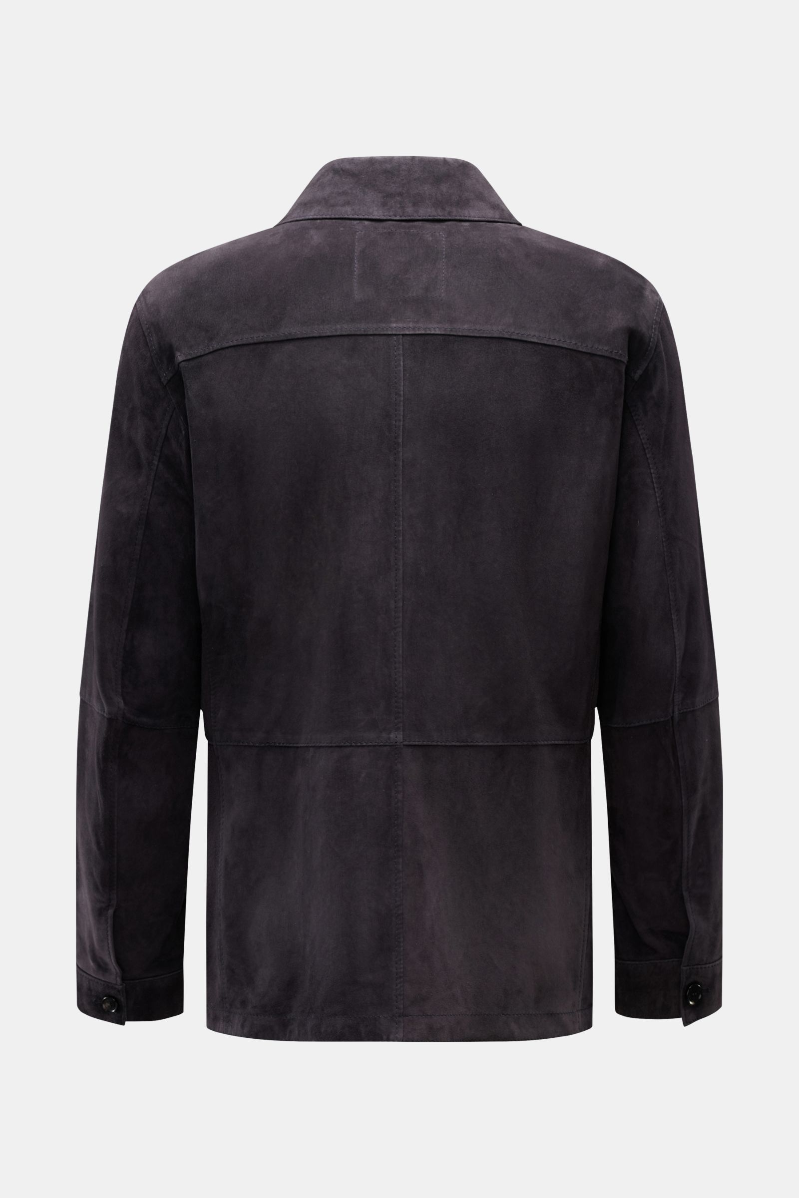 Windsor Leder-Overshirt 'Oleano' navy aus softem Veloursleder, Slim Fit, von hinten fotografiert, mit Umlegekragen und Manschetten.