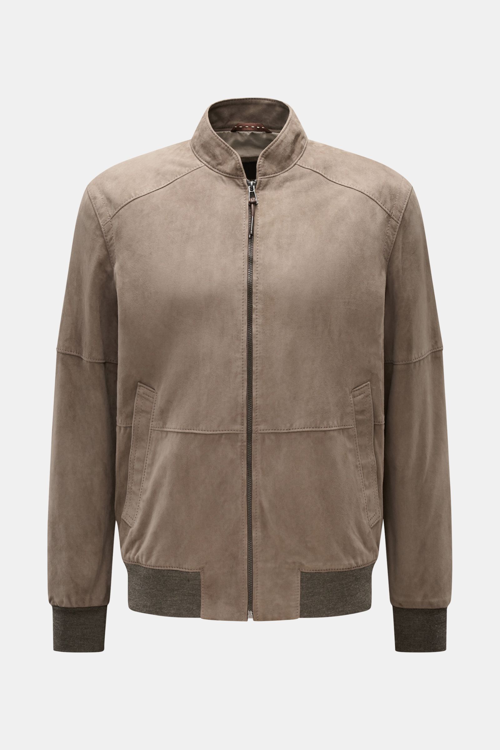 Windsor Lederblouson 'Borello' taupe, frontale Ansicht, Slim Fit, Stehkragen, Reißverschluss, schräge Taschen, elastische Bündchen, softes Veloursleder.