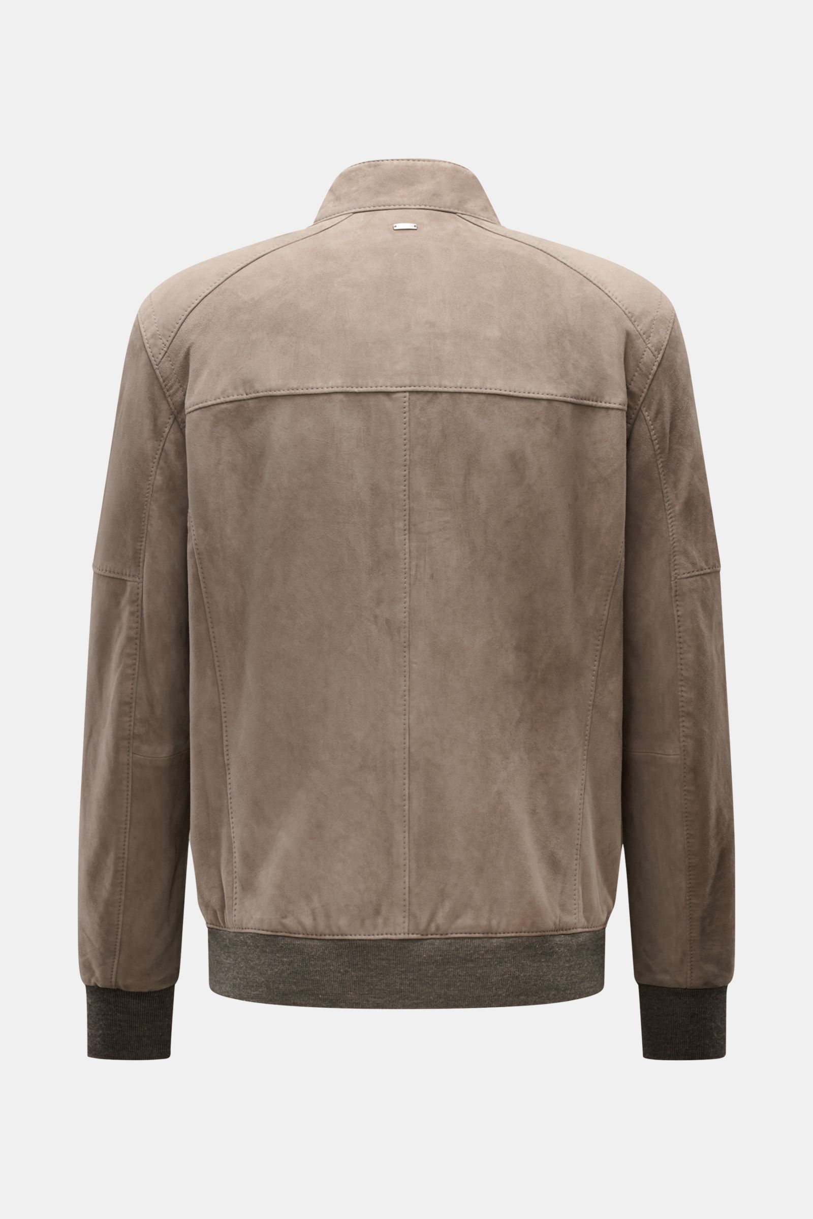 Windsor Lederblouson 'Borello' taupe, Slim Fit aus softem Veloursleder, Rückansicht mit Stehkragen, elastischen Bündchen, Reißverschluss.