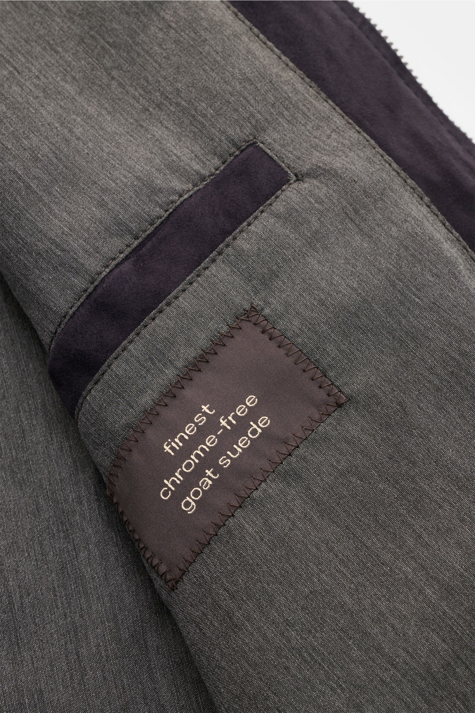 Close-up inside view of the Windsor Leather blouson 'Borello' dark navy showing smooth lining, inside pocket, and label of chrome-free goat suede.

The blouson 'Borello' by WINDSOR is made of soft, chrome-free tanned suede. A must-have for the coming s