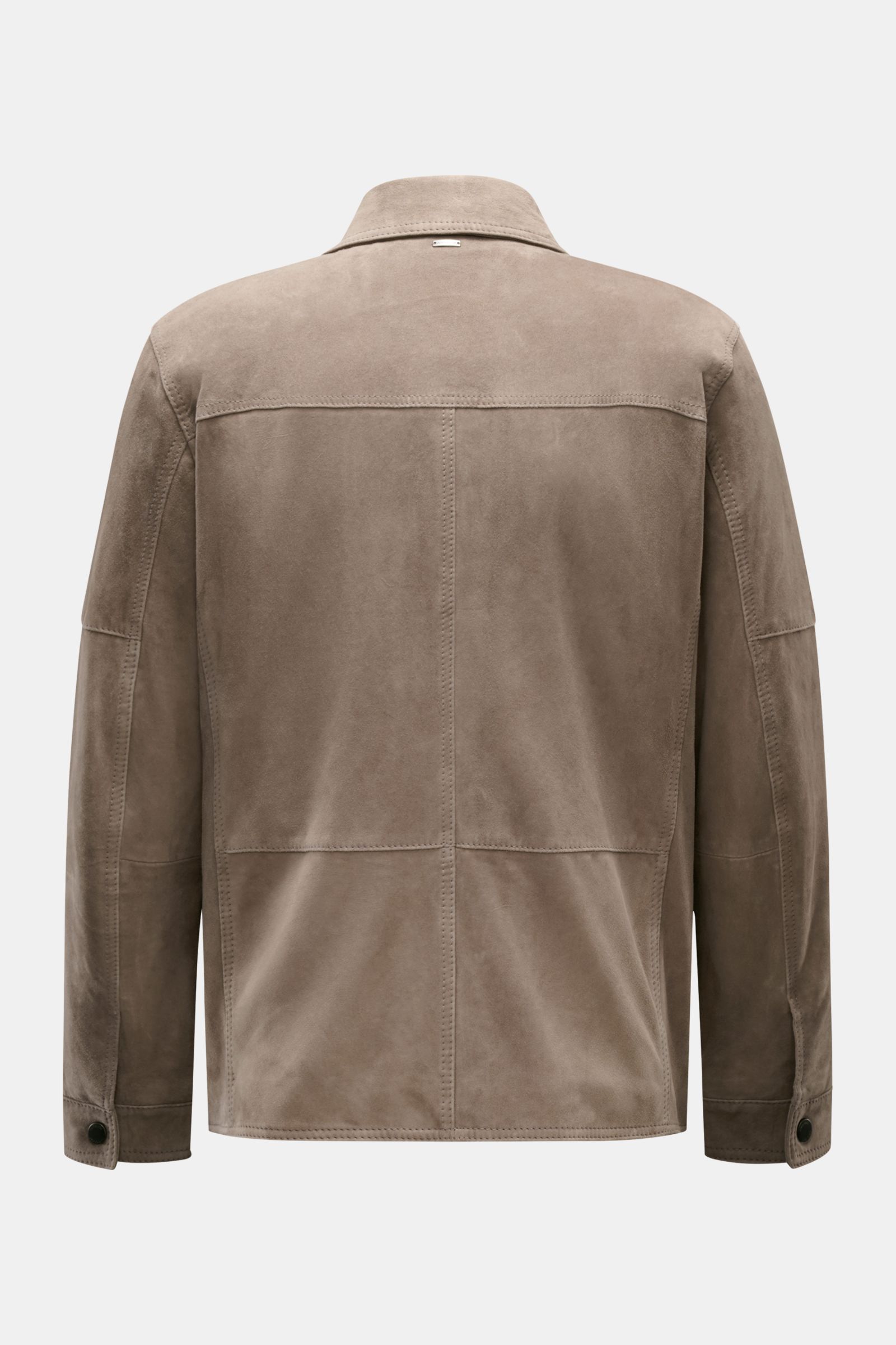 Windsor Lederjacke 'Pesaro' taupe aus softem, chromfrei gegerbtem Veloursleder, Rückansicht, Slim Fit, Umlegekragen, Reißverschluss.